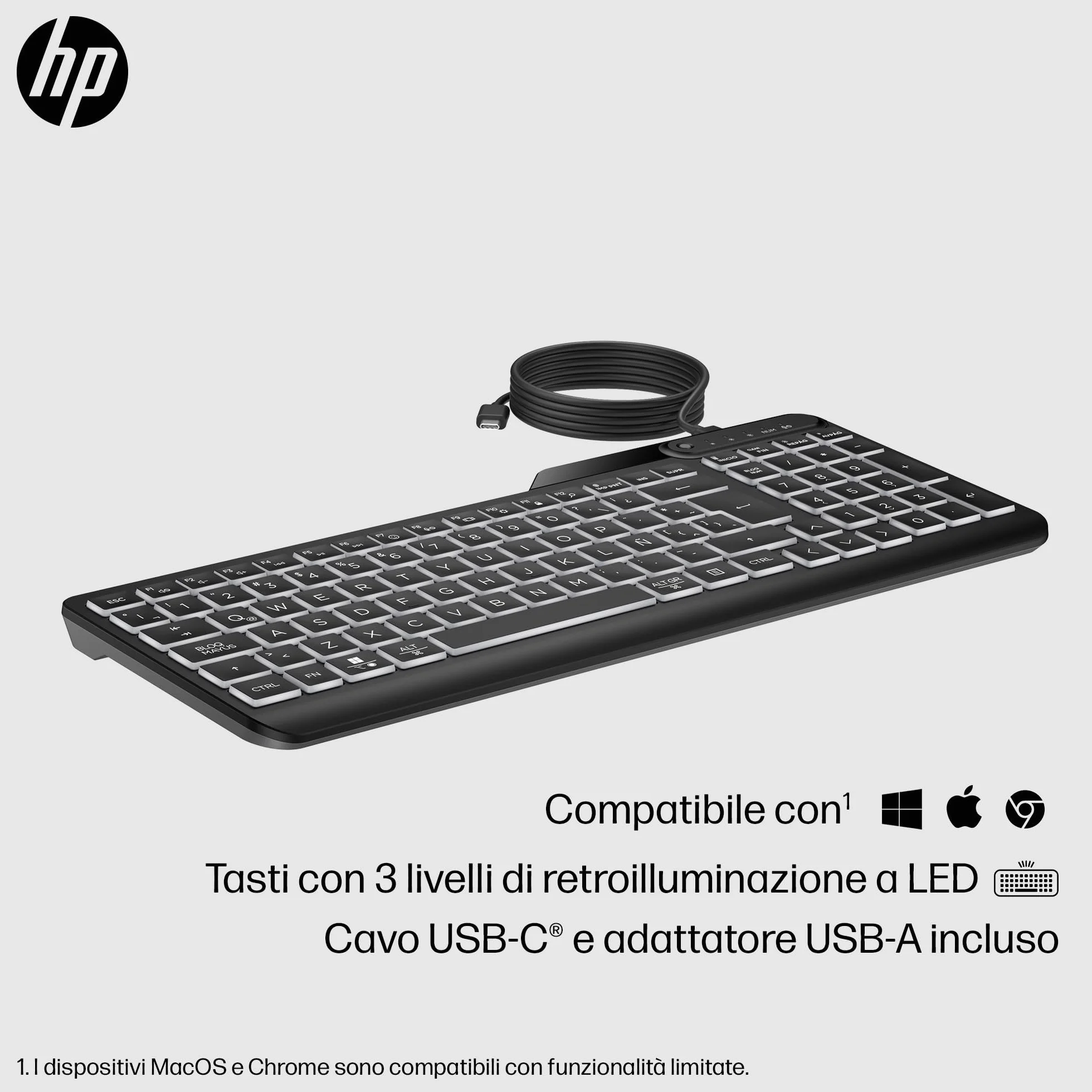 HP 400 Tastiera Cablata, Connessione tramite USB-C e con Adattatore USB-A, Qwerty, 12 Tasti Programmabili, Retroilluminazione, Compatibile con Windows 10 e 11, Chrome OS, MacOS, Nera