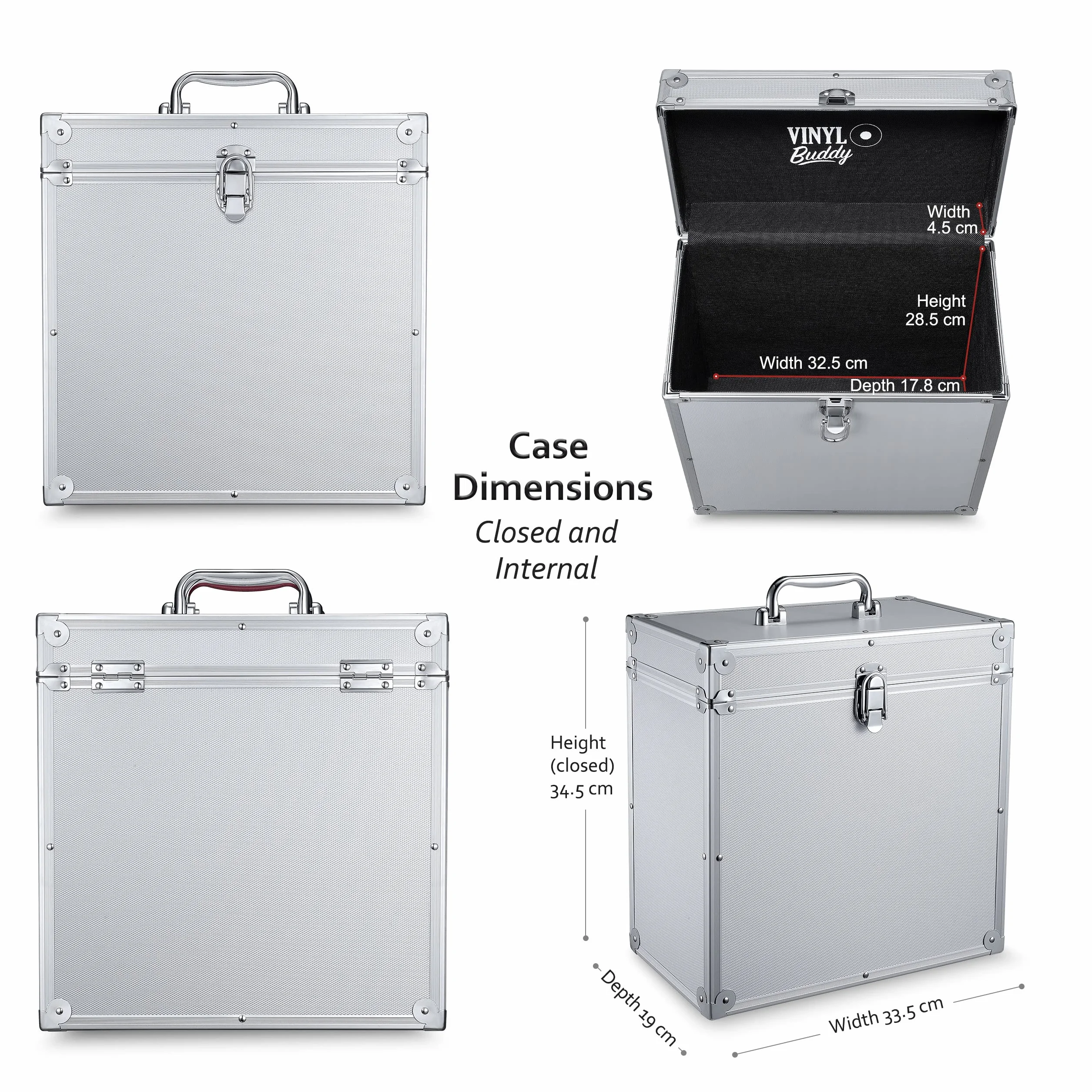VINYL BUDDY 12'' Alluminium-Schallplattenkoffer, für bis zu 40 LPs, inklusive 40x 12-Zoll-Äußere Schallplattenhüllen', argento, 33 cm x 34 cm x 19 cm, Valigia