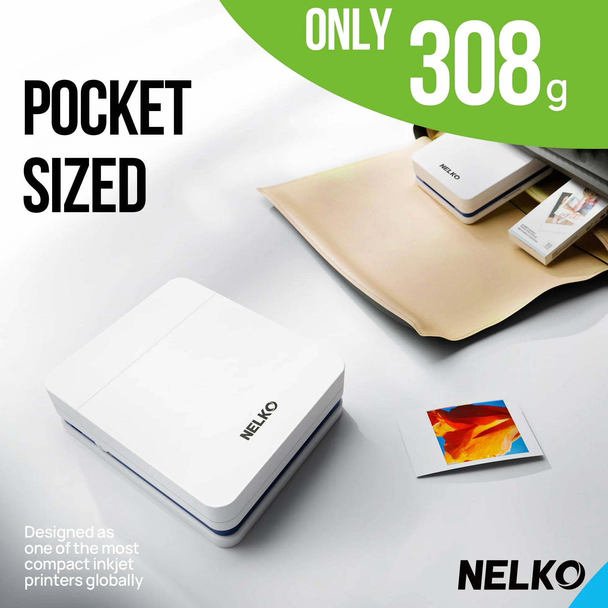 Nelko PP01 Stampante fotografica portatile con 100 fogli di carta e cartuccia d'inchiostro, stampa fotografica istantanea con retro adesivo per iOS/Android, mini stampante tascabile con divertente app