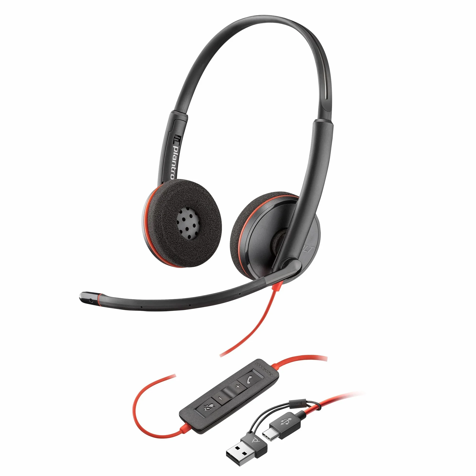 Poly Blackwire 3220, Cuffia Cablata con Connessione USB-A, USB-C, AUX 3,5 mm, Cuscinetti in Similpelle, Riduzione del Rumore e dell'Eco, Comandi sul Cavo, Compatibile con Windows 10 e macOS, Nero