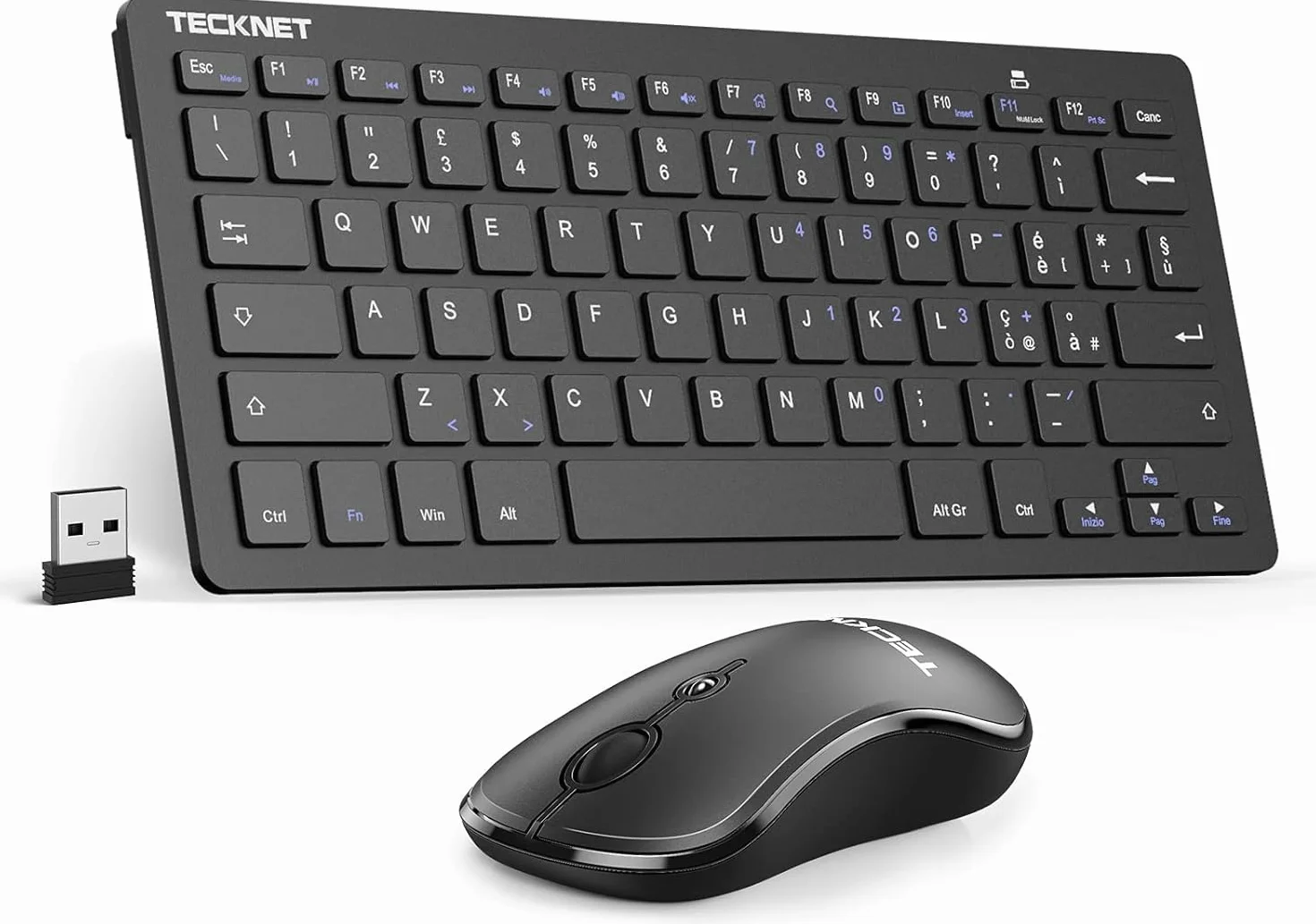 TECKNET Set Tastiera e Mouse Wireless, 2.4G Silenzioso con Ricevitore Nano USB, 12 Scorciatoie Multimediali per Computer, PC, Laptop, Desktop, Smart TV Android