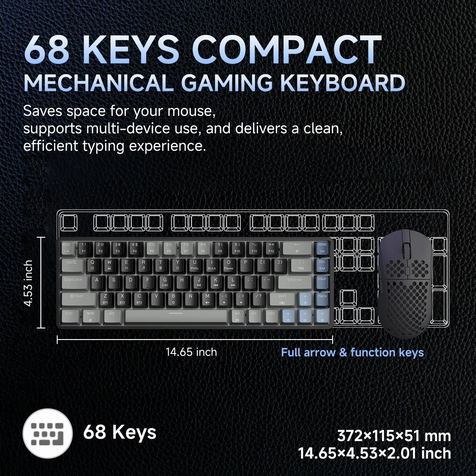 Dierya DK68 Tastiera Gaming Wireless,60% Tastiera Meccanica Bluetooth/2.4G/USB-C RGB,Interruttore Rosso,Double-Shot ABS Keycaps Compatibile con Win/Mac,Nero grigio-B(Layout US,QWERTY)