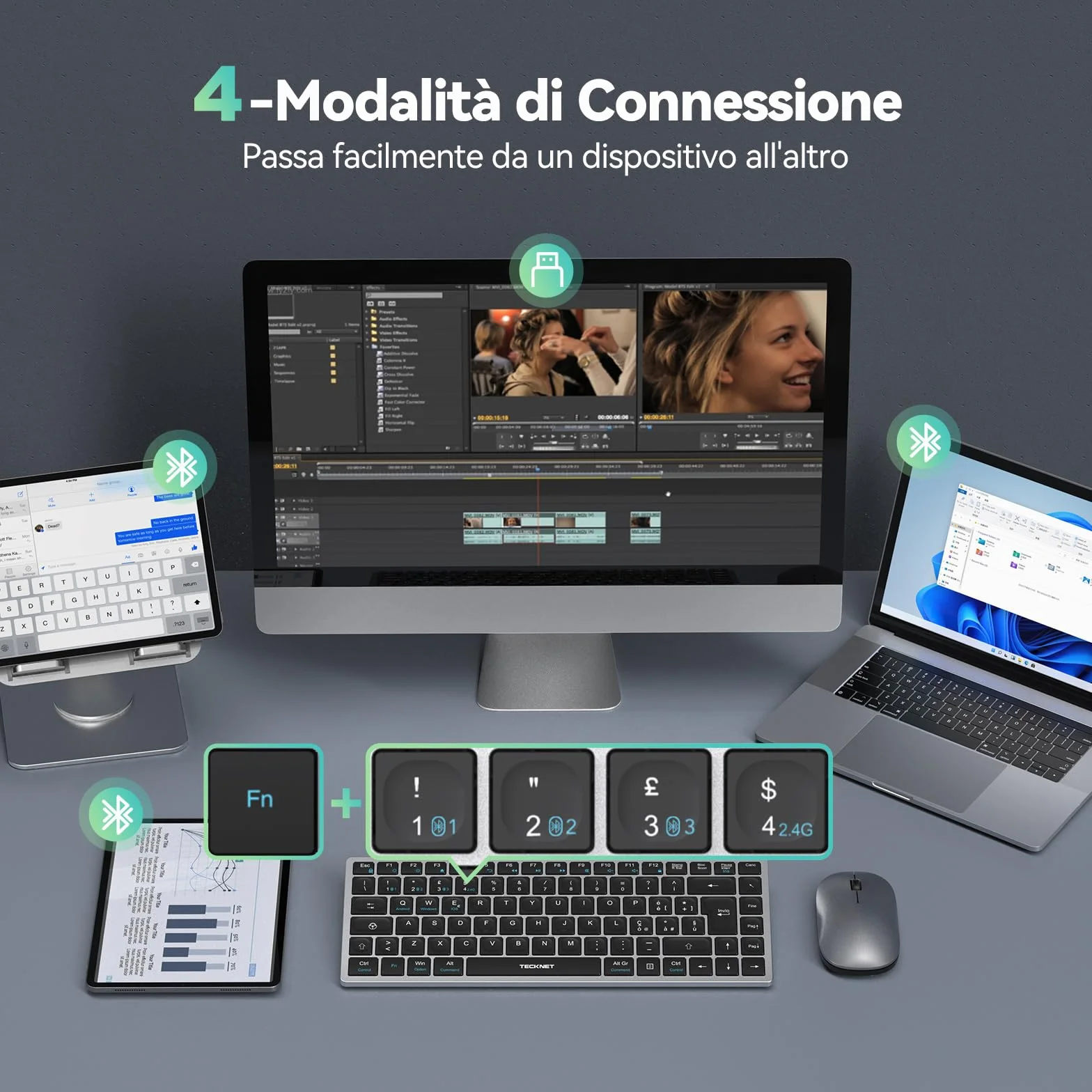 TECKNET Tastiera Bluetooth Ricaricabile, 4-Dispositivo (2.4G USB+3 BT), Mini Tastiera Wireless Italiana, Easy-Switch per Windows, MacOS, iOS, Android, Samsung Tablet, Smart TV, Italiano Layout QWERTY