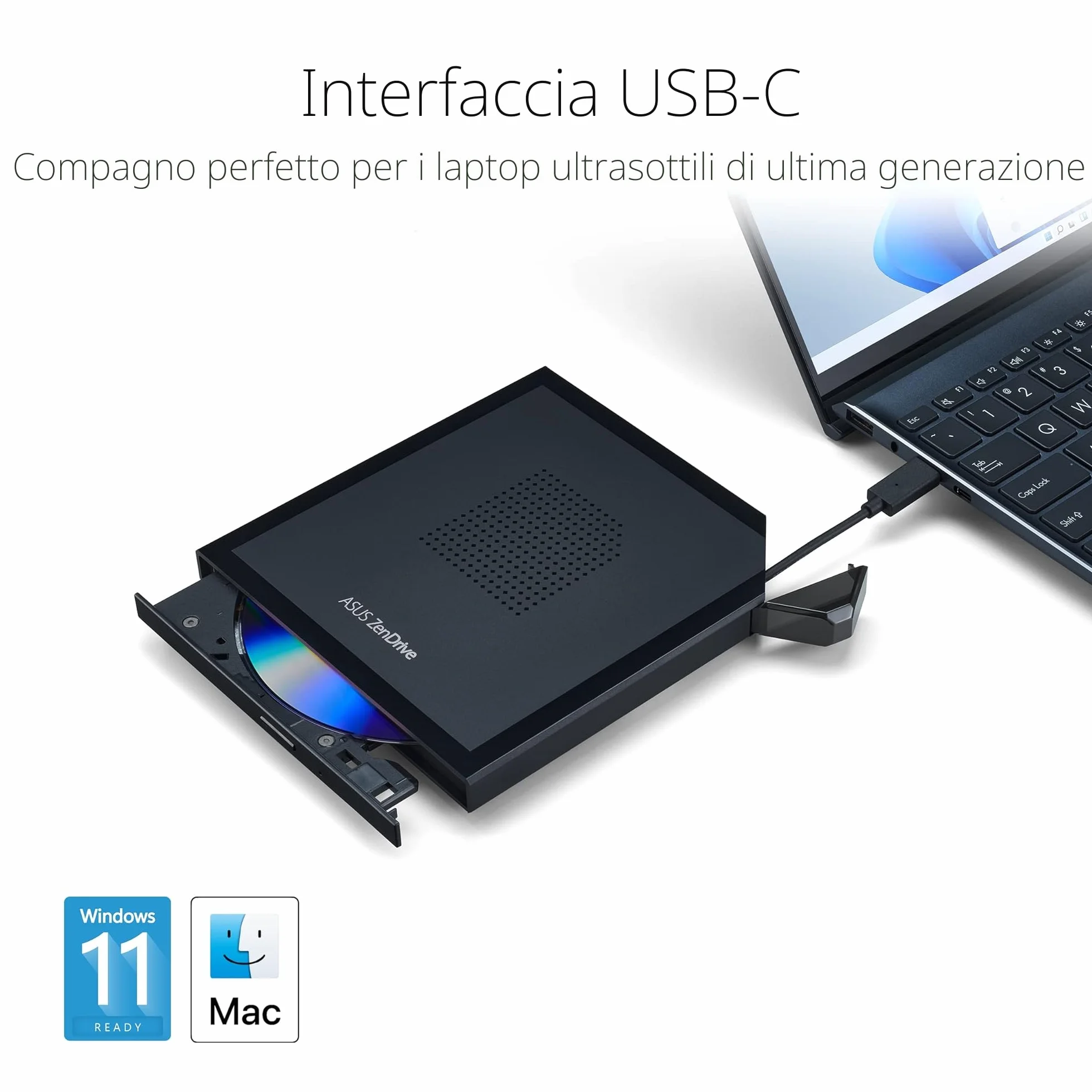 ASUS ZenDrive V1M Masterizzatore Esterno USB-C, Compatibile con Windows 11 e Mac OS, Supporto M-Disc, Software di Backup Incluso, Cavo Collegamento Integrato, Dvd-R 8X, Dvd-RW 8X, CD 24x, Nero
