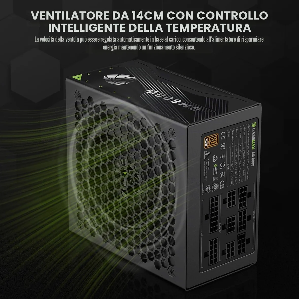 GAMEMAX GM 800B Alimentatore PC 800W Full Modular, 80Plus Bronze, Active PFC & DC-to-DC, ATX Single 12V Rail, Ventola 140mm Condensatori di alta qualità, 7 funzioni di protezione, 5 anni di garanzia