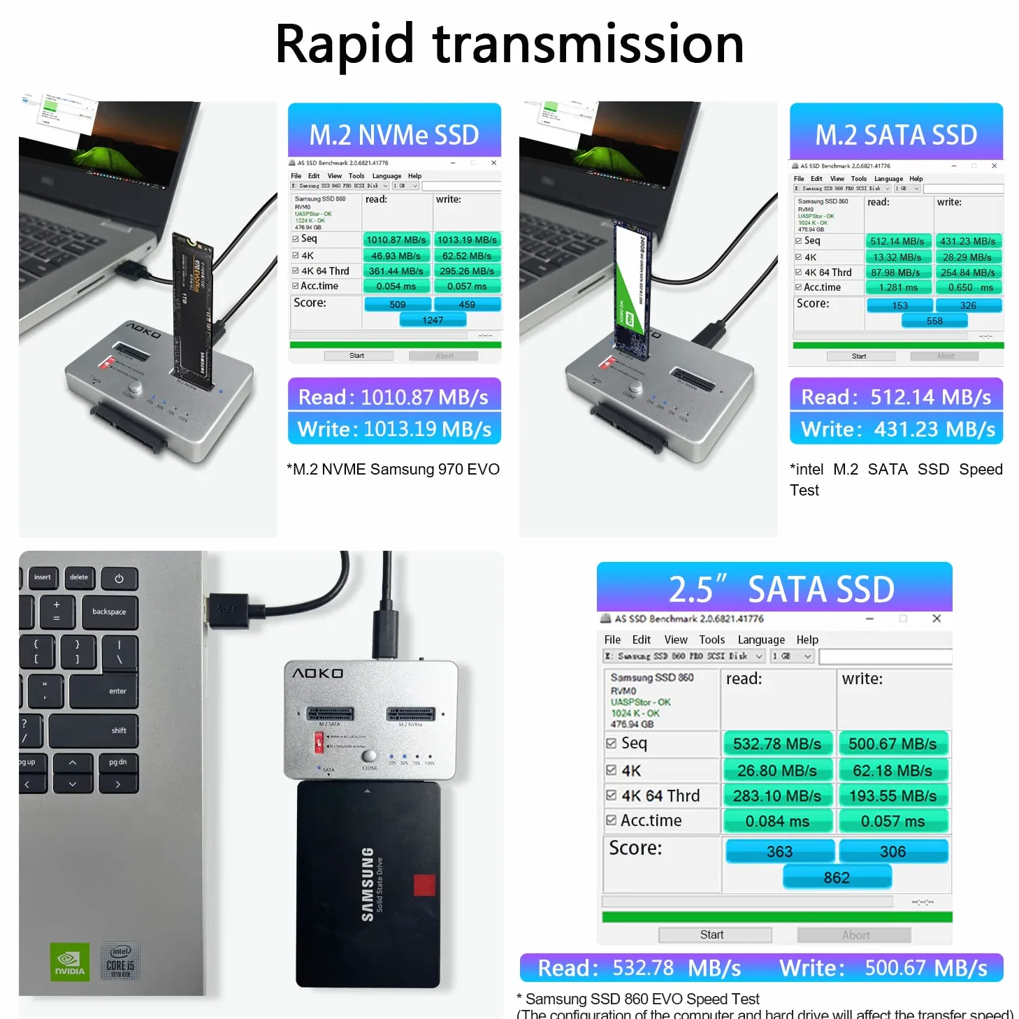 AOKO M.2 Duplicatore SATA a NVMe SSD Cloner, adattatore NVMe a SATA SSD e lettore di dischi rigidi, docking station per PCIe + M.2 NGFF e 2,5 "/3,5" SATA SSD/HDD e cloner bidirezionale offline hard