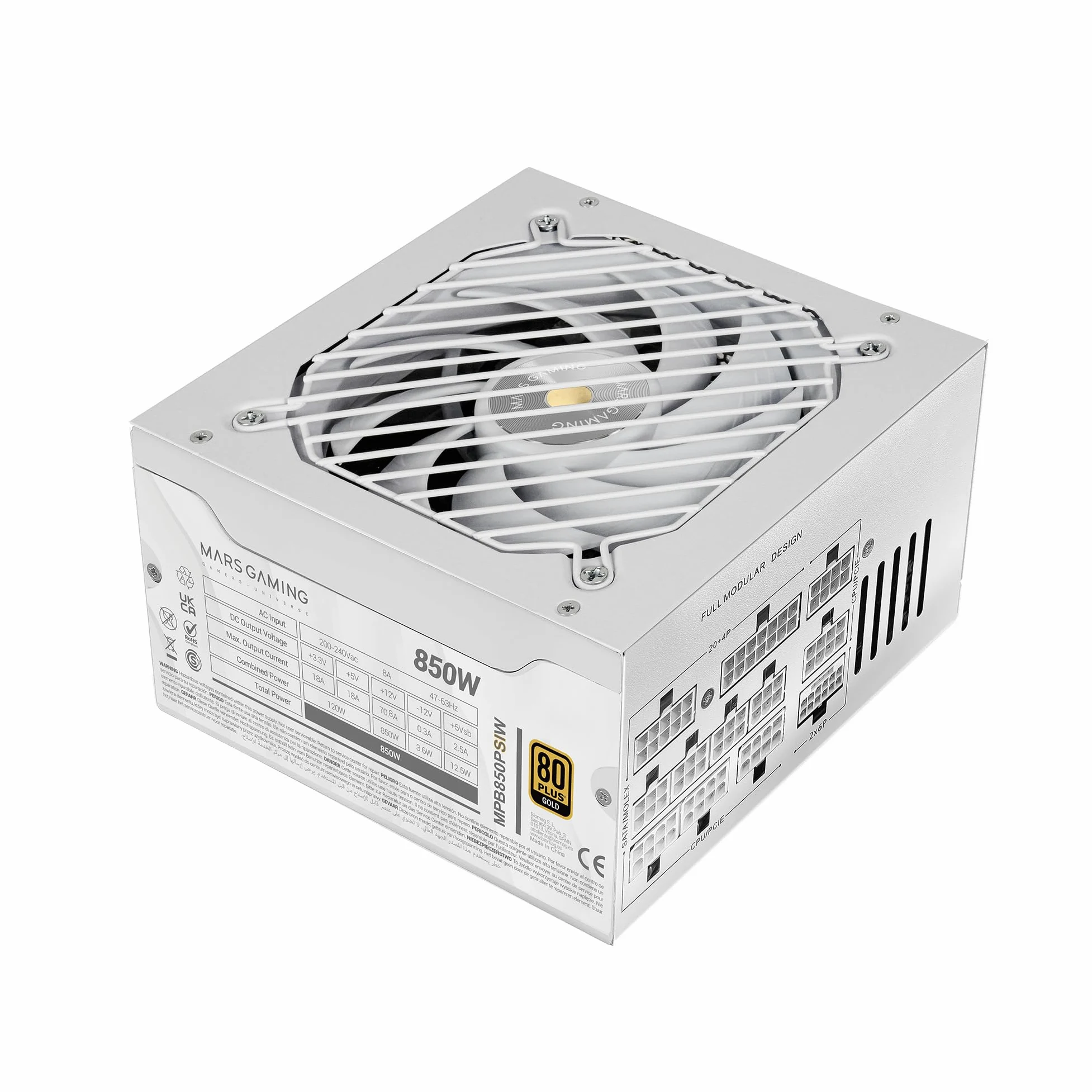 Mars Gaming MPB850PSI, Alimentatore Full Modulare ATX 850W, 10 Anni di Garanzia, 80Plus Gold 90%, Ventola SI 14cm, Tecnologia AI2-RPM, DC-DC e SMD, ATX 3.1 e PCIe 5.1, Connettore 12V 2x6, Bianco