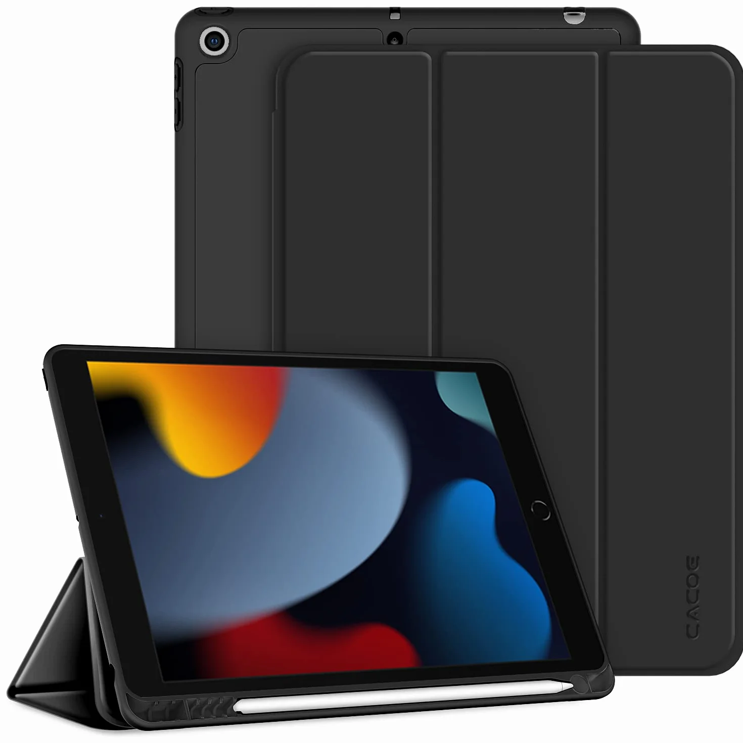 CACOE Cover Custodia per iPad 9a 2021 8a 2020 7a 2019, Leggero Protettivo con Pencil Holder per 10.2, Auto Sveglia Sonno, Nero