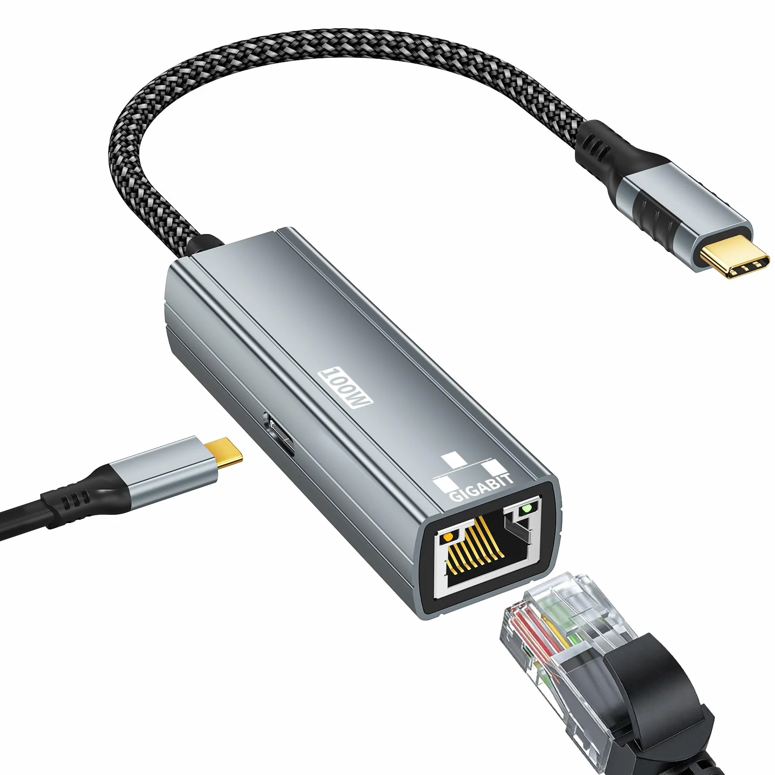 Adattatore Ethernet USB C 2 in 1 con Porta di Ricarica PD 100W, Gigabit 1Gbps, RJ45 a USB C Plug & Play per iPhone 17 16 15 MacBook iPad Laptop, Grigio
