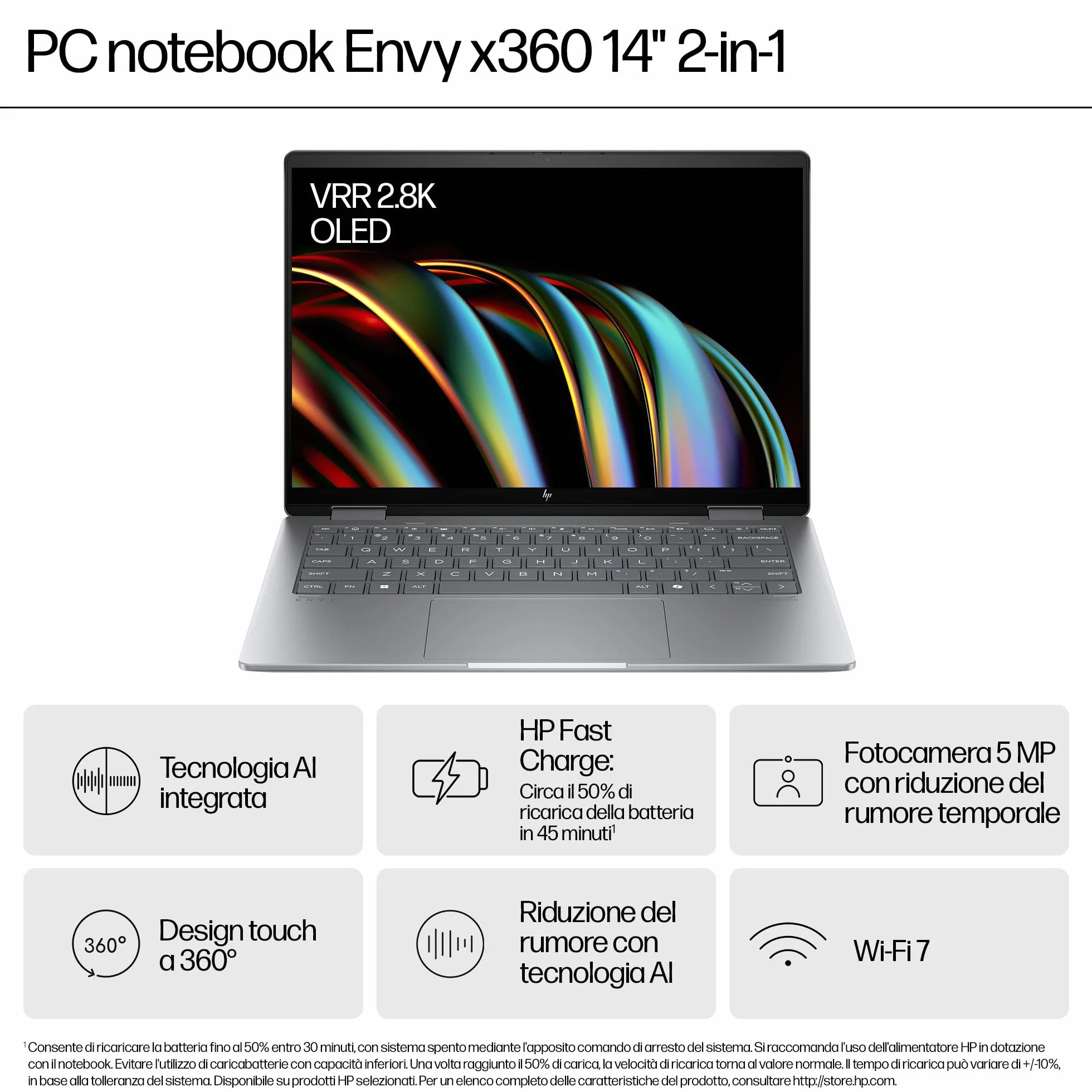 HP Envy X360 14-fc0002sl, Intel Core Ultra 7-155H, Intel Evo Edition, AI, RAM 32GB, SSD 1TB, Display Touch 14” OLED 3K 400 Nits VRR 120Hz, Poly Studio Cam TNR, Windows 11, Blu