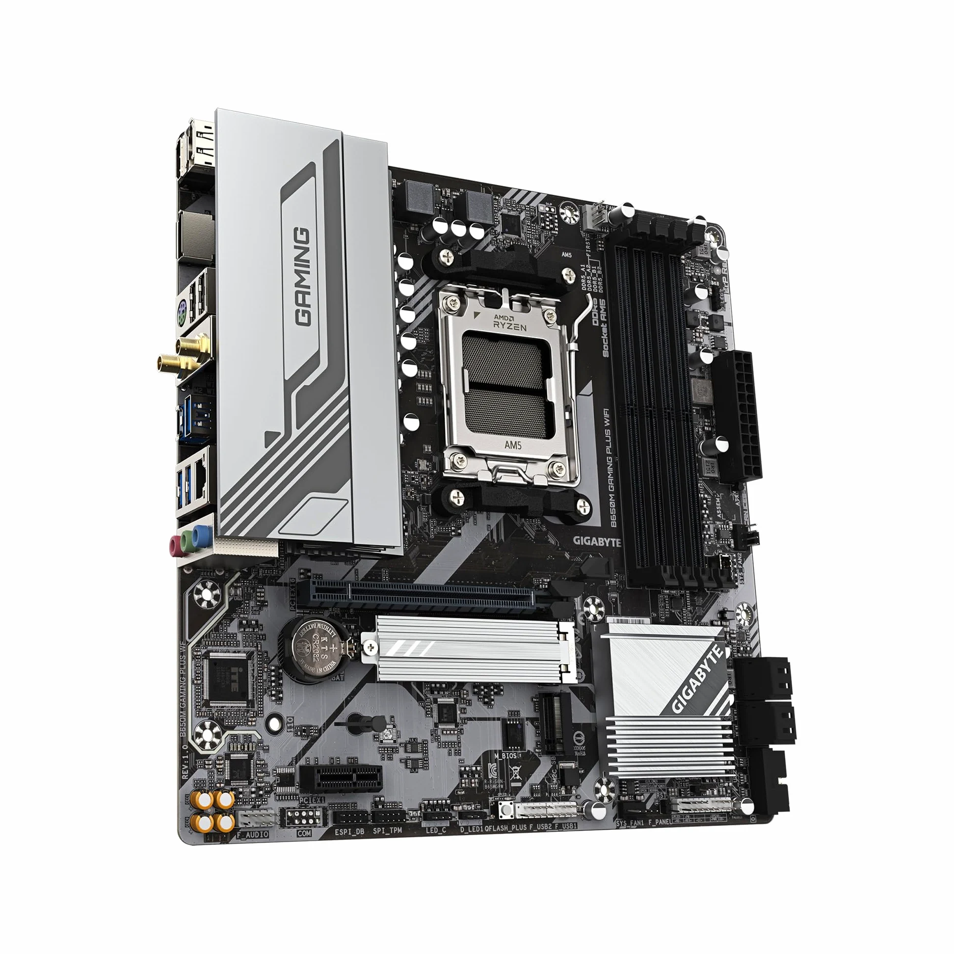 GIGABYTE Scheda madre B650M GAMING PLUS WIFI AMD AM5 mATX, supporta Ryzen serie 9000/8000/7000, DDR5, 5+2+2 Power Phase, 2x M.2, PCIe 4.0, USB-C 3.2 Gen 1, WIFI6E, 2.5GbE, EZ-Latch, Q-Flash, RGB
