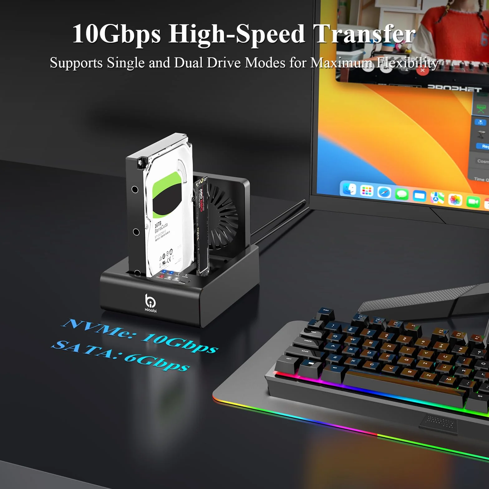 M.2 NVMe & SATA HDD Docking Station, 10Gbps USB3.2 Gen2 SSD Cloner per M.2 NVMe SSD + SATA 2.5"/3.5" HDD Converter, Offline Cloning, Tool-Free, Ventola di raffreddamento