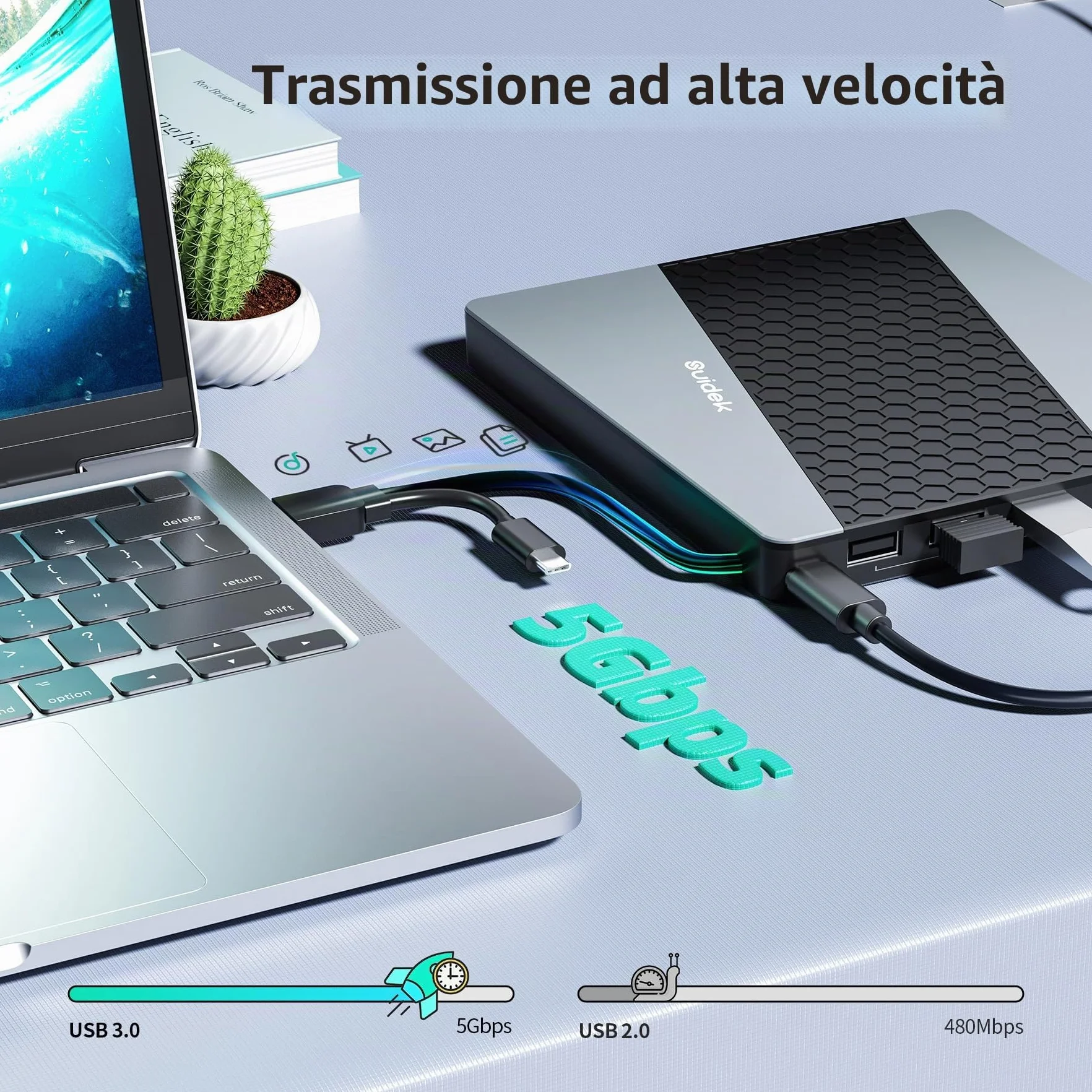 SUIDEK Unità CD/DVD esterna, USB 3.0 USB C portatile CD DVD +/-RW masterizzatore DVD con lettore di schede SD/Micro SD 7 in 1 Hub compatibile con computer portatile, Mac, PC, Windows Linux