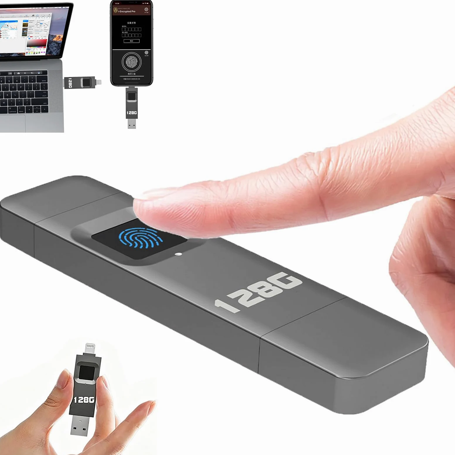 Chiavetta USB Da 64GB/128GB/256GB/512GB, Con Crittografia Tramite Impronta Digitale, Trasferimento Ad Altissima Velocità Di 29 Mb/S, Interfaccia Ligh-tning + USB, Supporta 60 Impronte Digitali 128GB