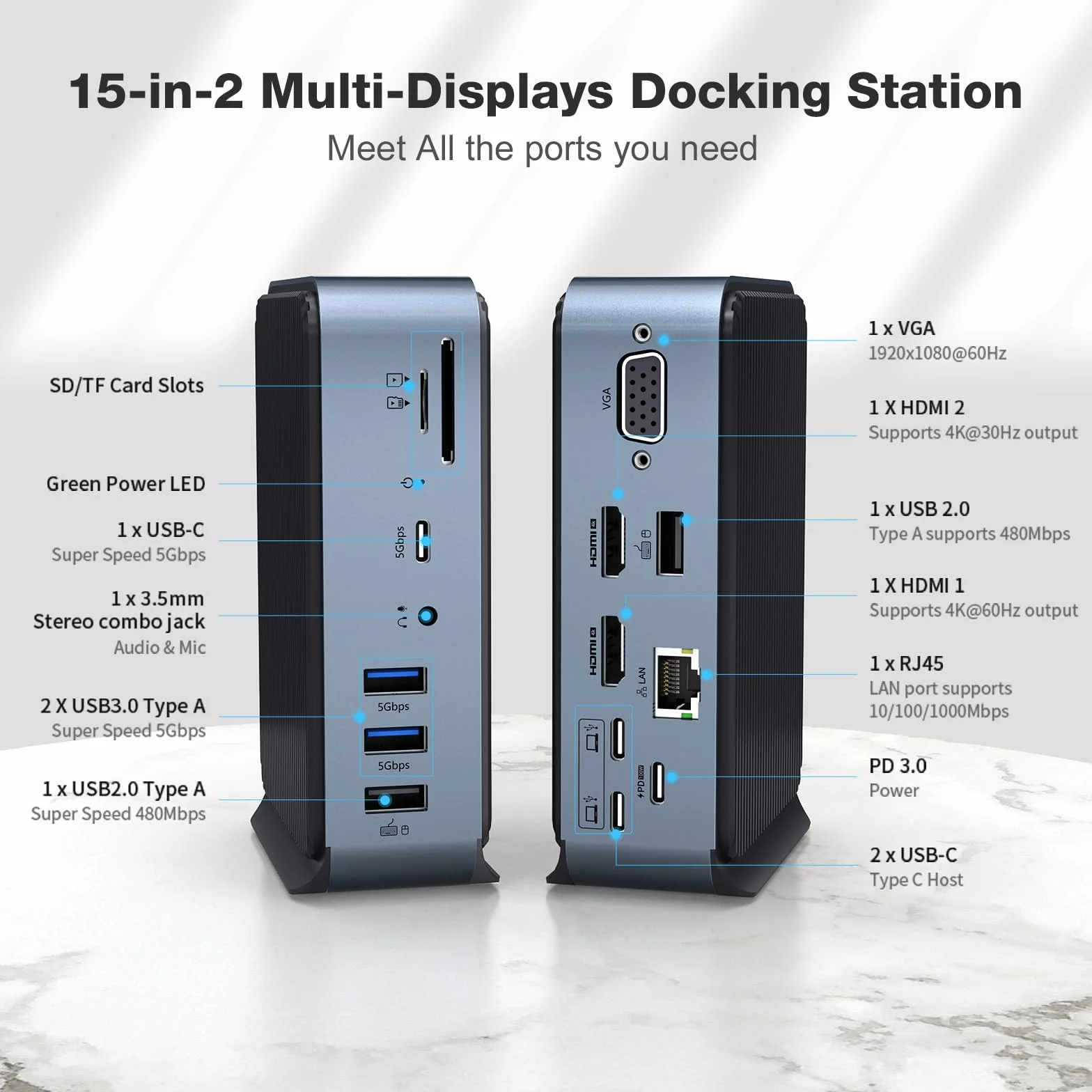 Docking Station USB C per MacBook Pro/Air, 15 in 1 USB C Hub Triple Monitor tramite VGA/2 HDMI, 100 W PD Laptop Dock per Lenovo, HP, Dell (USB-A/C 3.0 5GBPS, RJ45 Ethernet, Audio & Mic, SD/TF)