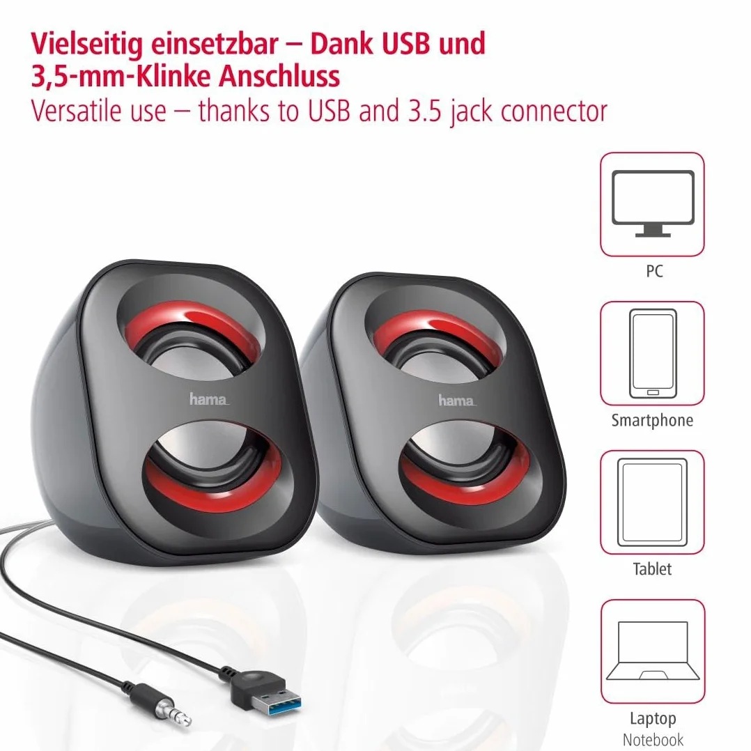 Hama Casse Sonic Mobil 183 per Notebook, RMS 2x1.6W, Connessione USB, Nero/Rosso