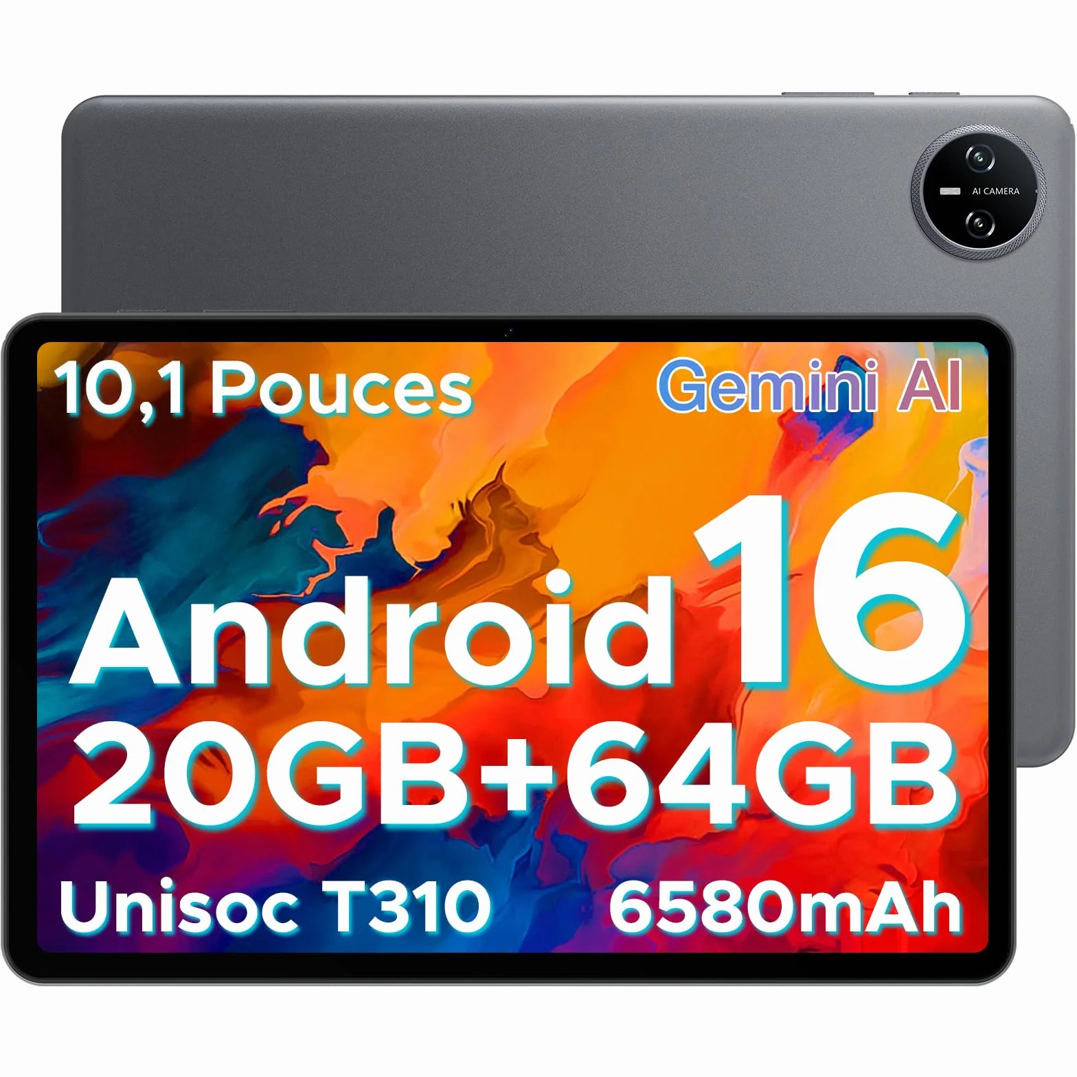 Tablet 10 Pollici 20 GB RAM 64 GB ROM Gemini AI 6580 mAh Unisoc T310 1280x800 IPS WiFi 5 Grigio