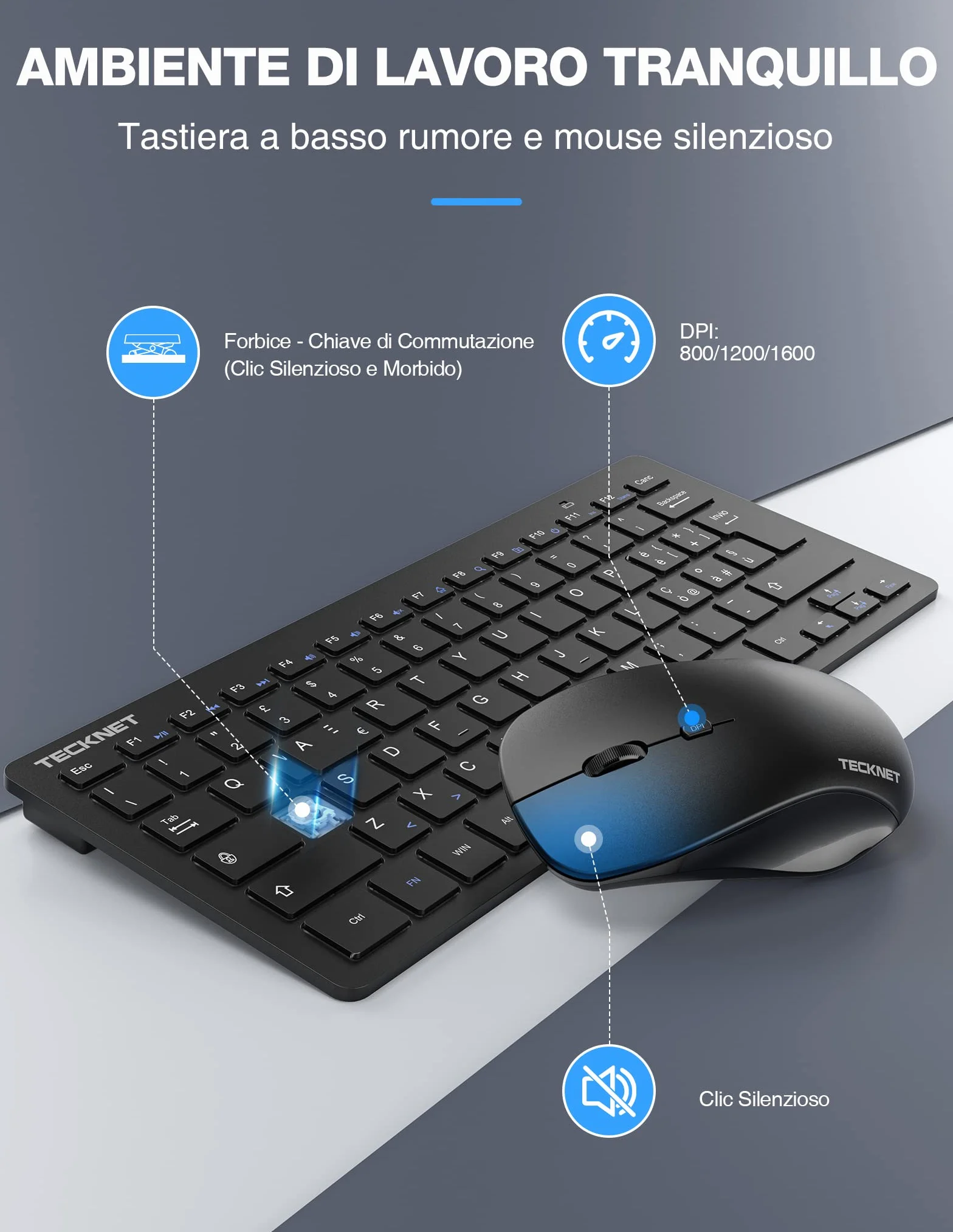 TECKNET Set Tastiera e Mouse Wireless, 2.4G Silenzioso con Ricevitore Nano USB, 12 Scorciatoie Multimediali per Computer, PC, Laptop, Desktop, Smart TV Android