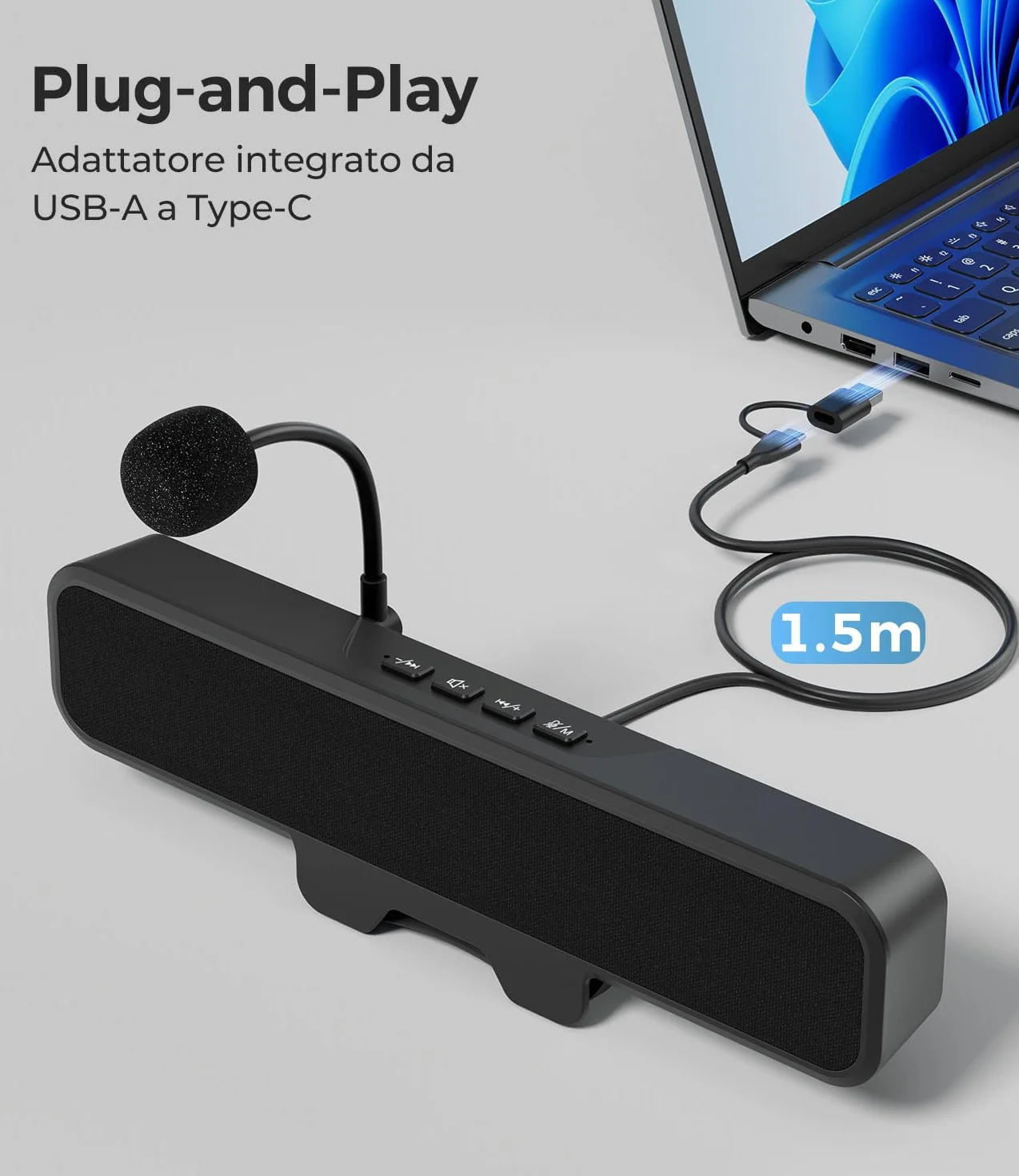 USB Altoparlanti per Computer con Microfono Staccabile, Altoparlante da Scrivania Plug and Play con Clip per Monitor, Suono Stereo & Bassi, Ideali per PC, PS5, Switch 2 e Laptop