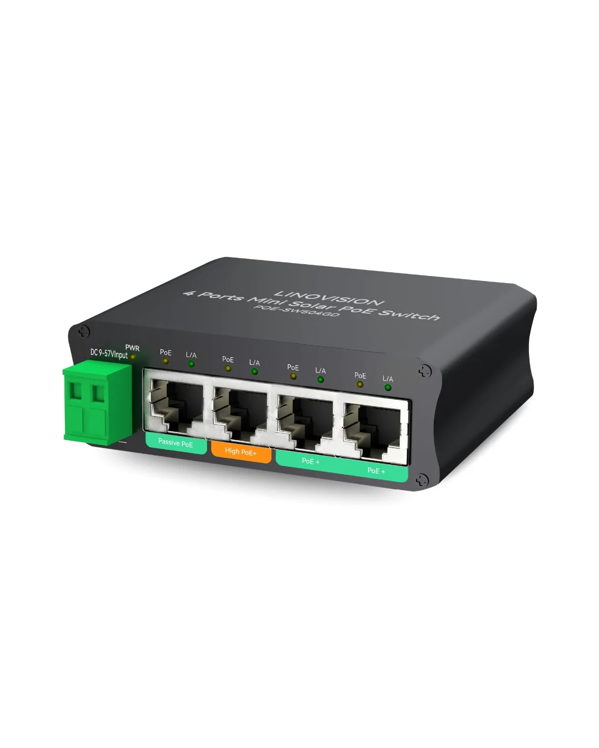 LINOVISION Il mini switch PoE solare a 4 porte funziona direttamente con batterie DC12V o DC24V e fornisce 2 porte PoE+, 1 porta PoE+ alta per telecamere PTZ di grandi dimensioni e 1 porta PoE passiva