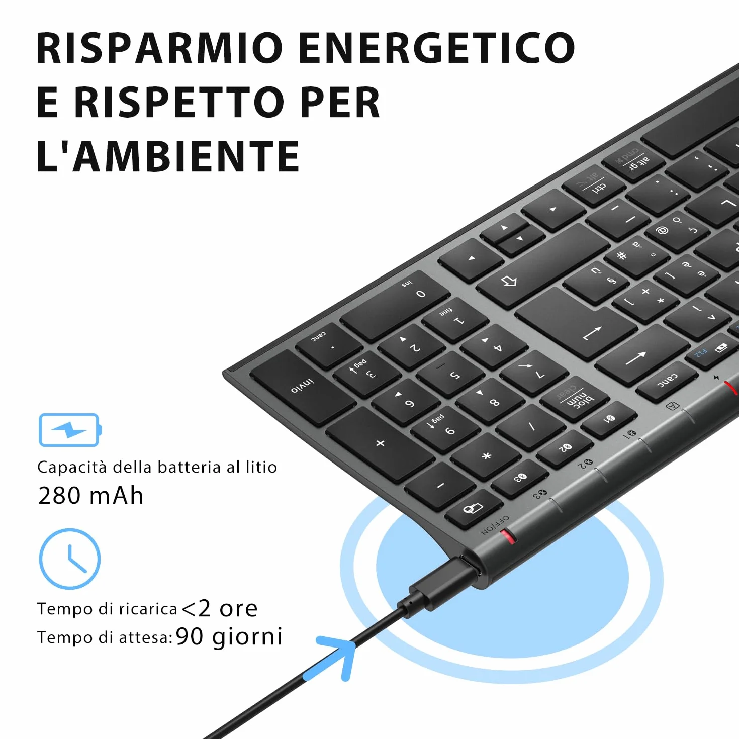 iClever Tastiera Bluetooth 5.1 Multi-Dispositivo Ricaricabile con Tastierino Numerico e Design Ergonomico per Mac OS, Android, Windows