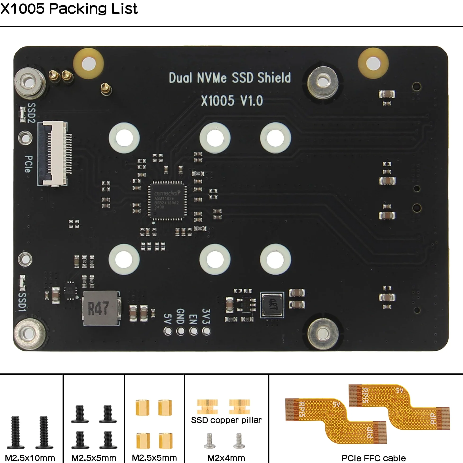 Geekworm X1005 Dual NVMe SSD Shield Bottom for Raspberry Pi 5, supports Hailo-8 AI Accelerator