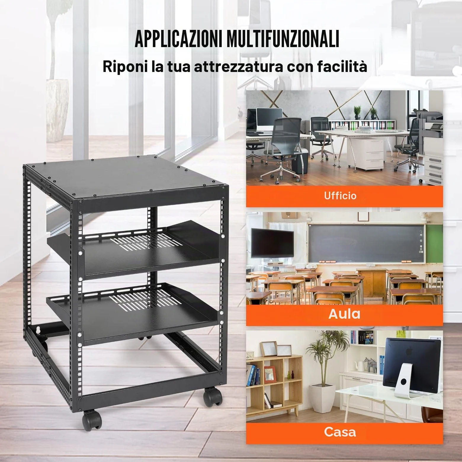 VEVOR Server Rack a Telaio Aperto 12U, Profondità Regolabile da 15''-40'', Server di Rete Rack da Autoportante o con Montaggio a Parete, Rack AV a 4 Posti con Ruote