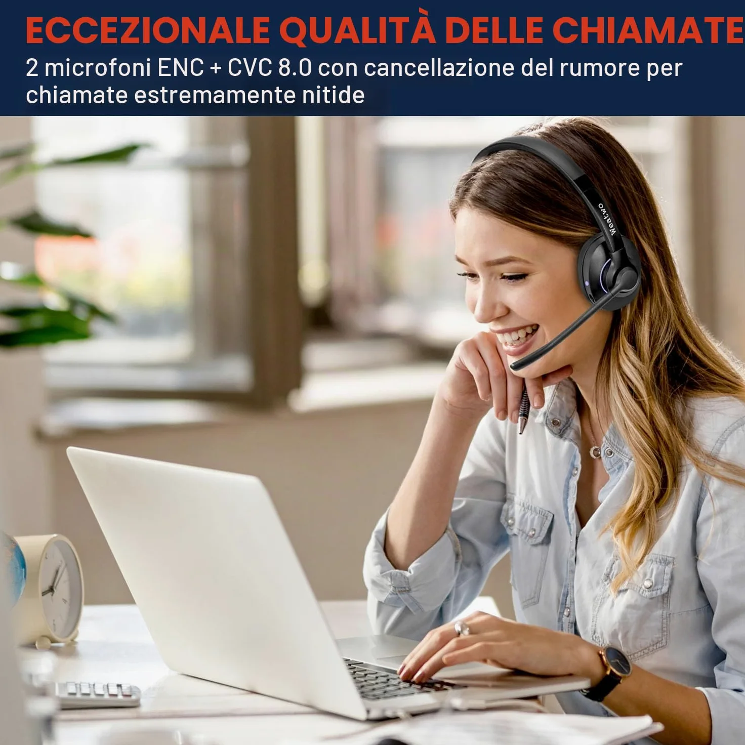 Cuffie Wireless con Doppio Microfono CVC8.0 Cancellazione del Rumore | Cuffie Bluetooth per PC Cellulare Teams Ufficio Call Center, 30 Ore di Conversazione, Ultra Comfort
