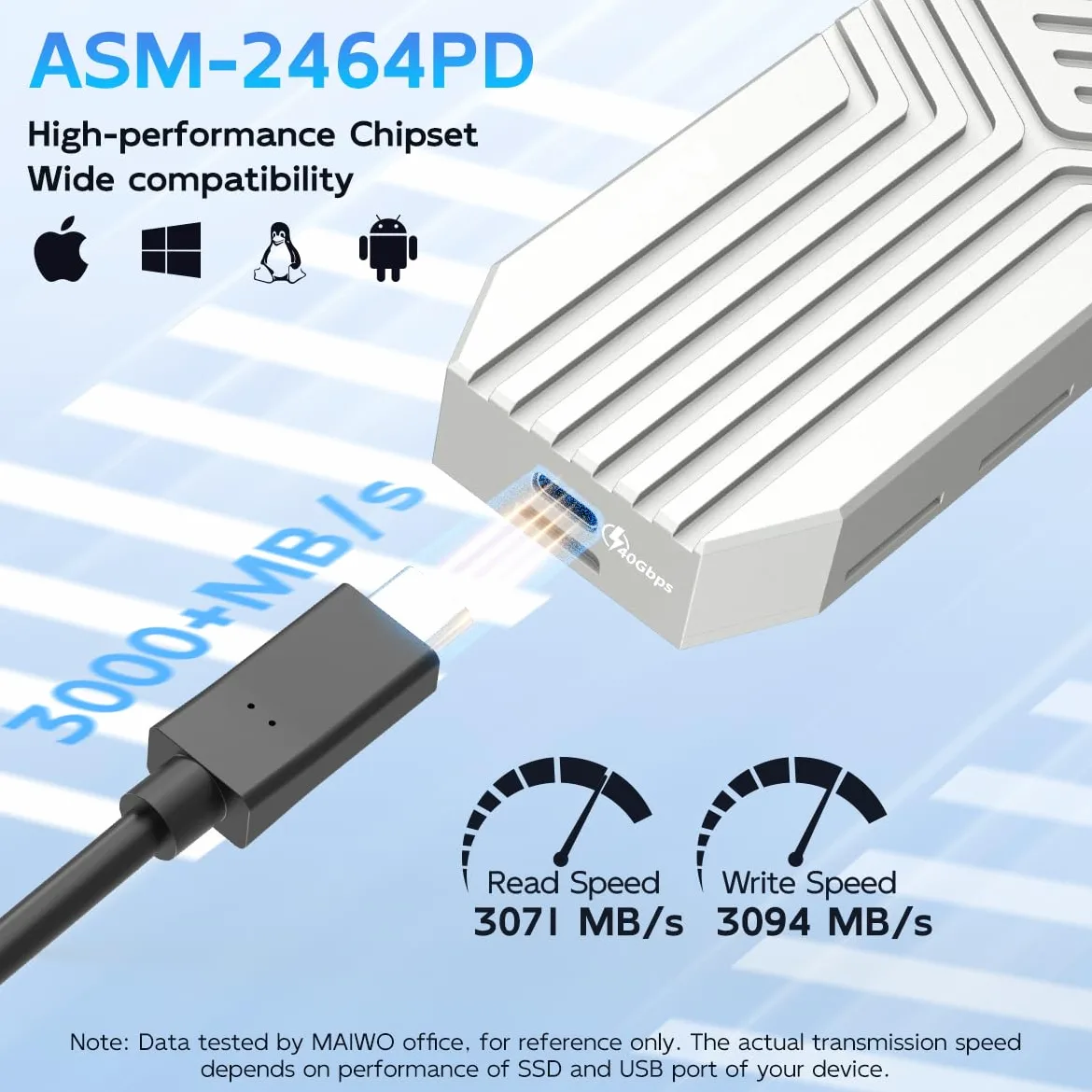 MAIWO Alloggiamento SSD M.2 NVMe con ventola di raffreddamento USB4 40Gbps con UASP Trim, capacità 8 TB, senza attrezzi, compatibile con Thunderbolt3/4 USB3.0/2.0