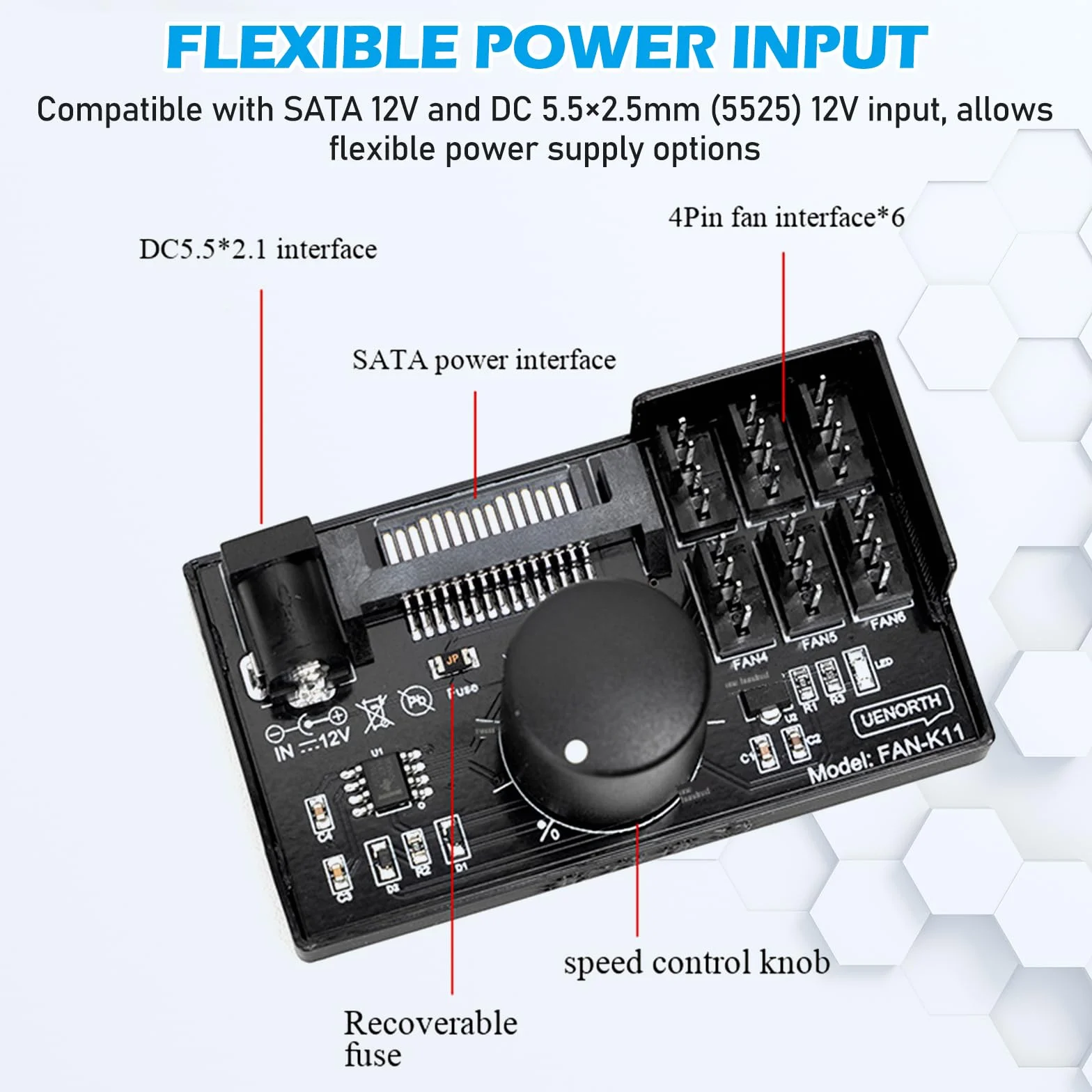 2 controller di velocità della ventola PWM 12 V: 4 poli, hub adattatore ventola per PC con alimentazione tramite SATA e DC 5525, Cooling Fan Speed Knob con uscita massima totale 60 W 5 A