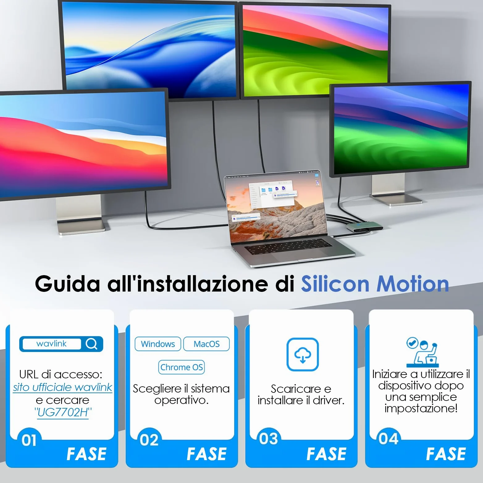 WAVLINK Adattatore da USB C a HDMI, adattatore per quattro monitor per sistemi macOS M1/M2/M3/M4, ingresso PD da 140 W, 4 HDMI, uscita quadrupla 4K, driver SMI e host USB 3.2 richiesti