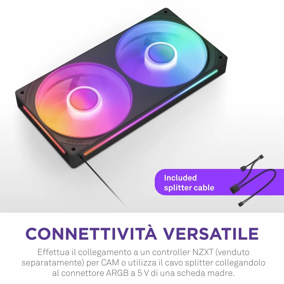 NZXT F240 RGB Core - Telaio singolo 240 mm con 2 ventole RGB 120 mm - Controllo velocità illuminazione - Alta pressione statica e flusso d'aria - Cuscinetti fluidodinamici - 8 LED aRGB - Nero