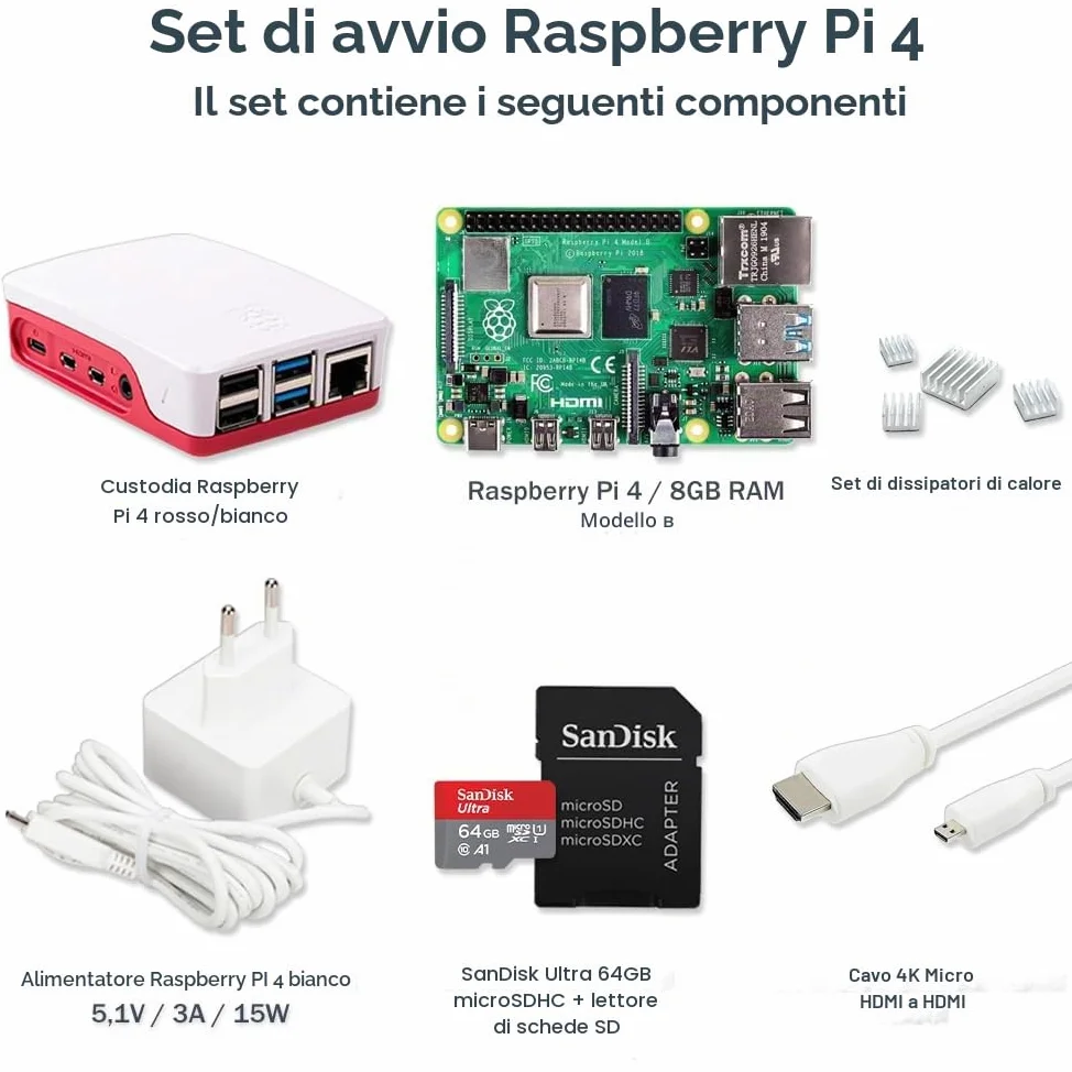 Raspberry Pi 4 8GB Starter Set | Scheda SD Ultra 64GB | Alimentatore USB-C 15W | Alloggiamento | Cavo Micro HDMI 4K | Set Dissipatore di Calore | Raspberry Pi 4 Model B 8GB RAM
