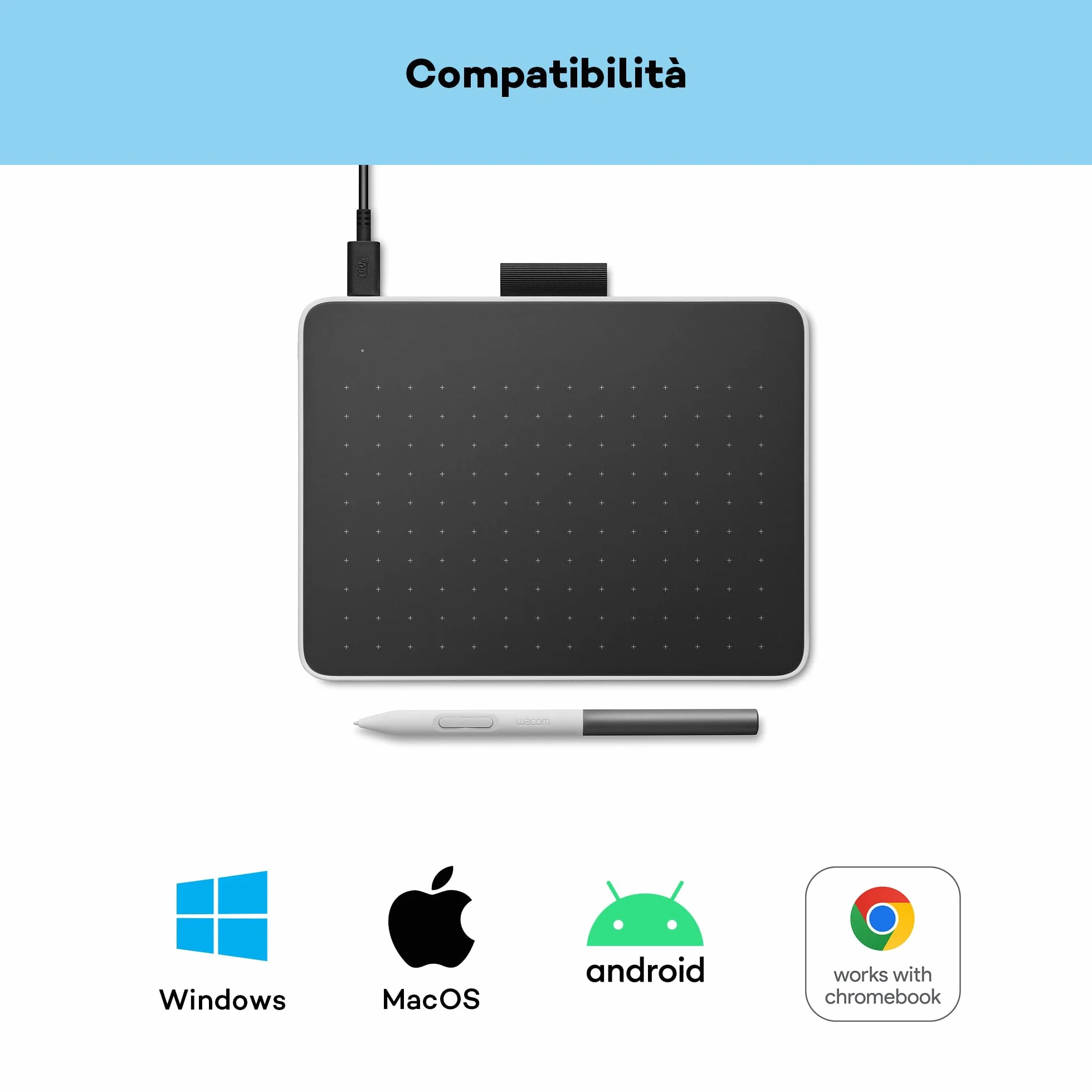 Tavoletta con penna Wacom One S inclusa penna EMR senza batteria, connessione Bluetooth, per Windows, Mac, Chromebook e Android. Ideale per creativi principianti, per il disegno in digitale