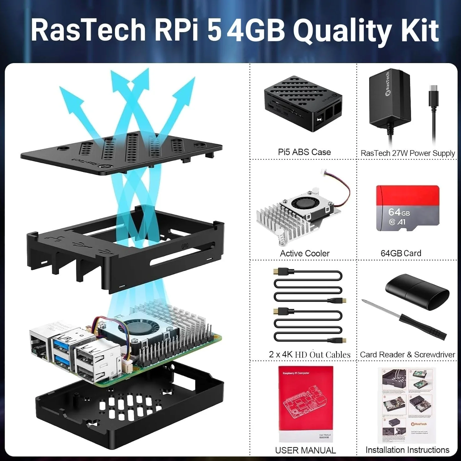 RasTech Raspberry Pi 5 4GB Kit 64GB Edition con dispositivo di raffreddamento attivo, alimentatore USB-C 27W GaN 5.1V5A, scheda Pi5 4GB, kit lettori di schede da 64 GB, custodia Pi 5, cavi Dual 4K