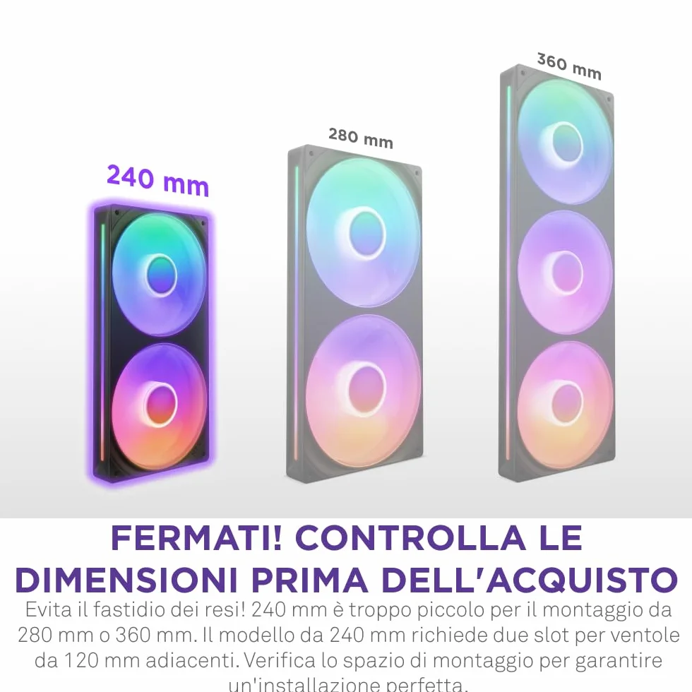 NZXT F240 RGB Core - Telaio singolo 240 mm con 2 ventole RGB 120 mm - Controllo velocità illuminazione - Alta pressione statica e flusso d'aria - Cuscinetti fluidodinamici - 8 LED aRGB - Nero