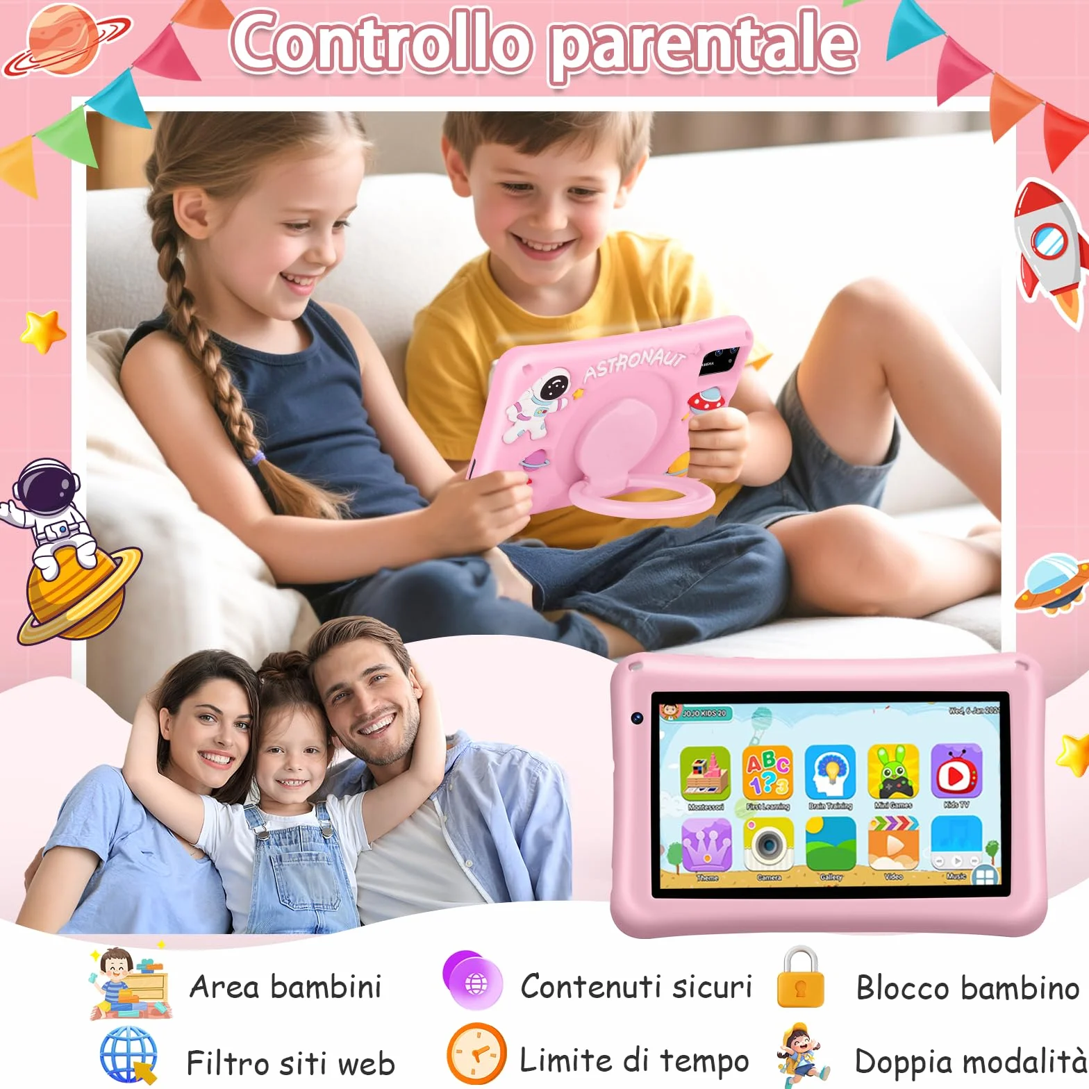 Tablet Bambini 7 Pollici Android 13 Octa Core 8GB RAM 64GB ROM Espandibile 256GB Schermo IPS Controllo Parentale Custodia Antiurto Rosa