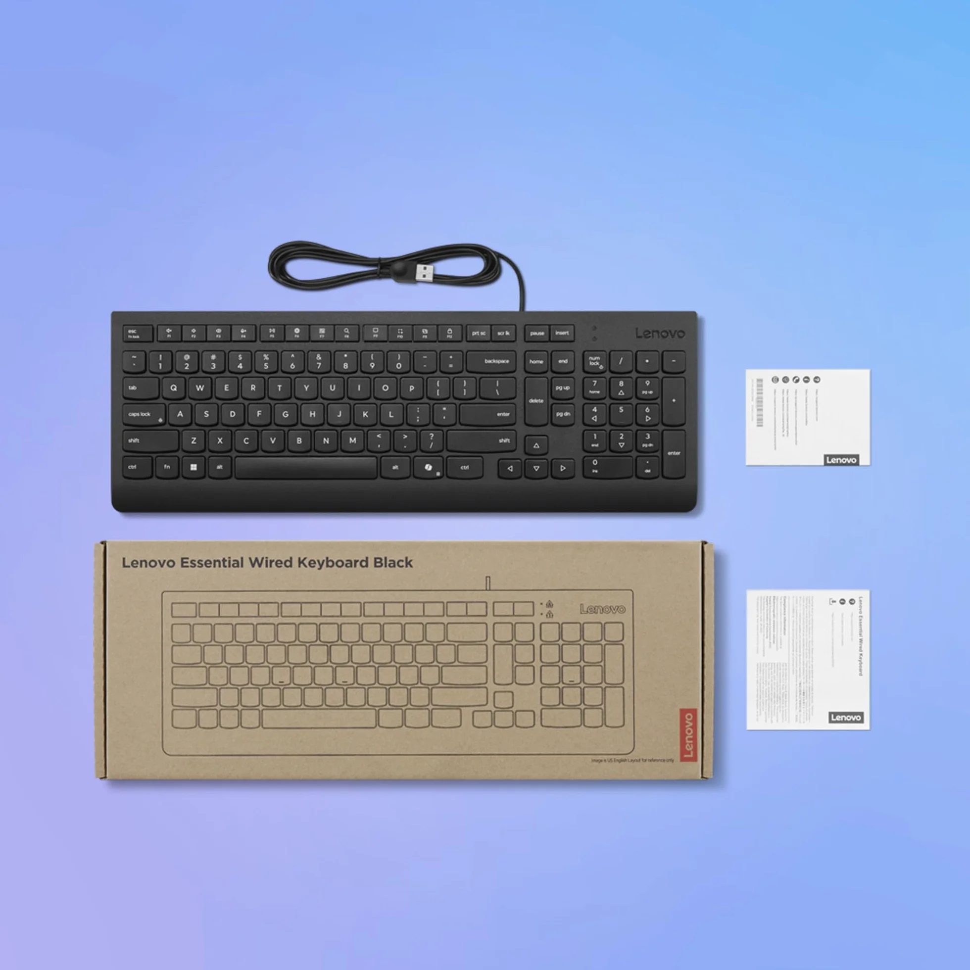 Lenovo Tastiera Cablata Essential – USB 1.8m, Layout 2.5 Zone con Tastierino Numerico, Tasti Silenziosi, Design Anti-Schizzi, Tasto Microsoft Copilot – Nero