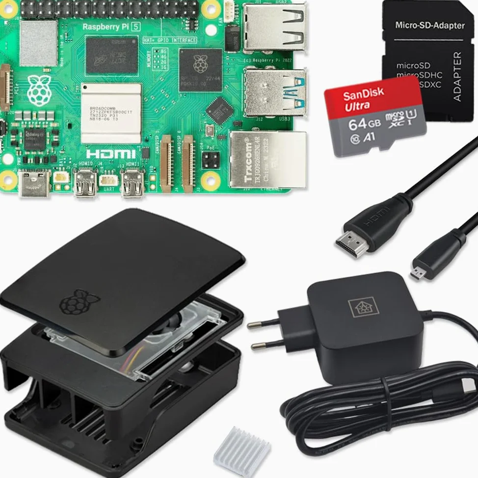 Raspberry Pi 5 8 GB Starter Kit nero | Alimentatore USB-C 45 W | Alloggiamento con ventola | Scheda SD Ultra 64 GB | Cavo Micro HDMI 4K | Dissipatore di calore | Raspberry Pi 5 8 GB RAM