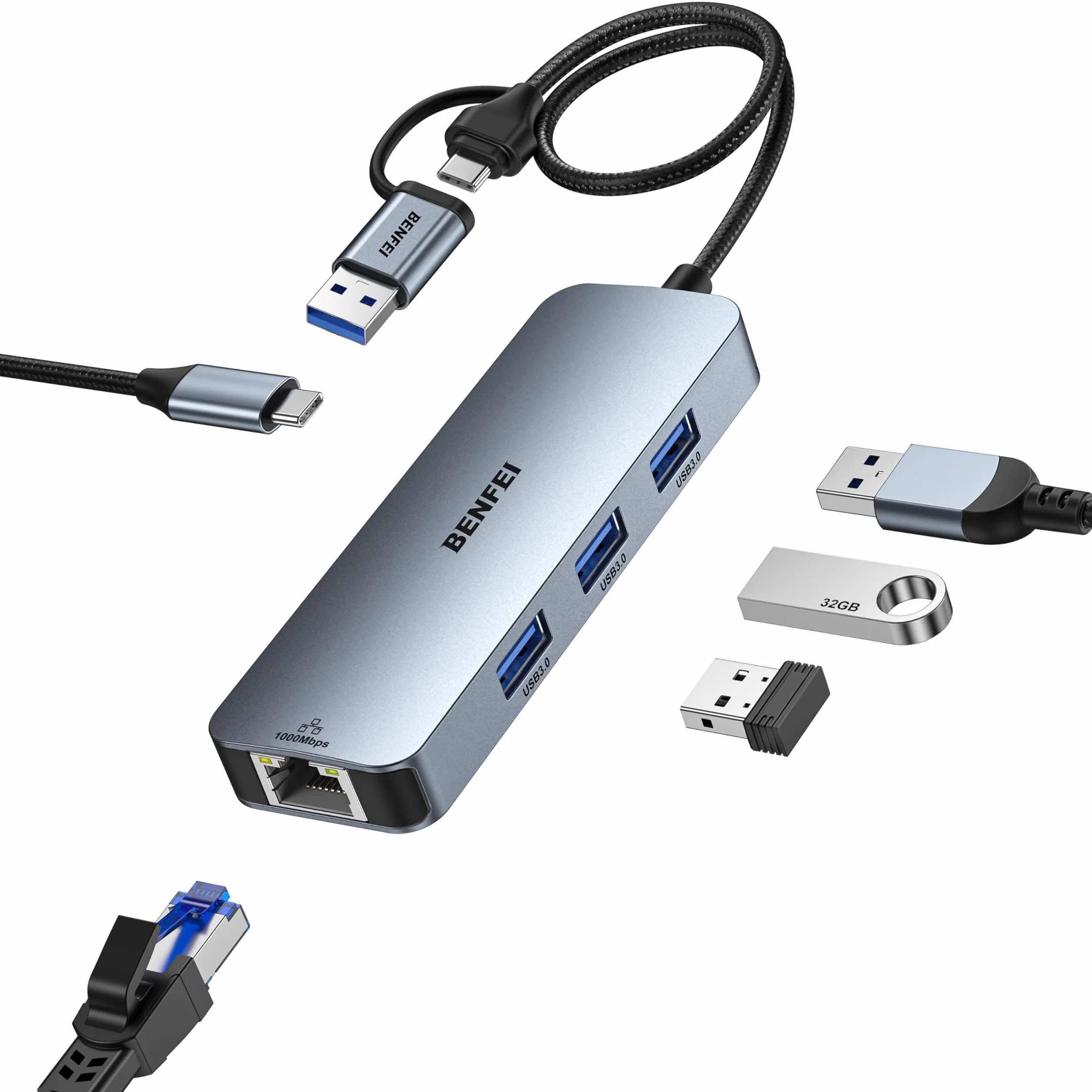 BENFEI Adattatore USB C Ethernet, Hub Con 3 Porte USB 3.0 e 1 Porta LAN RJ45 1000M Gigabit per MacBook Pro/Air 2023 iPad Pro iMac S23 Surface Book 3