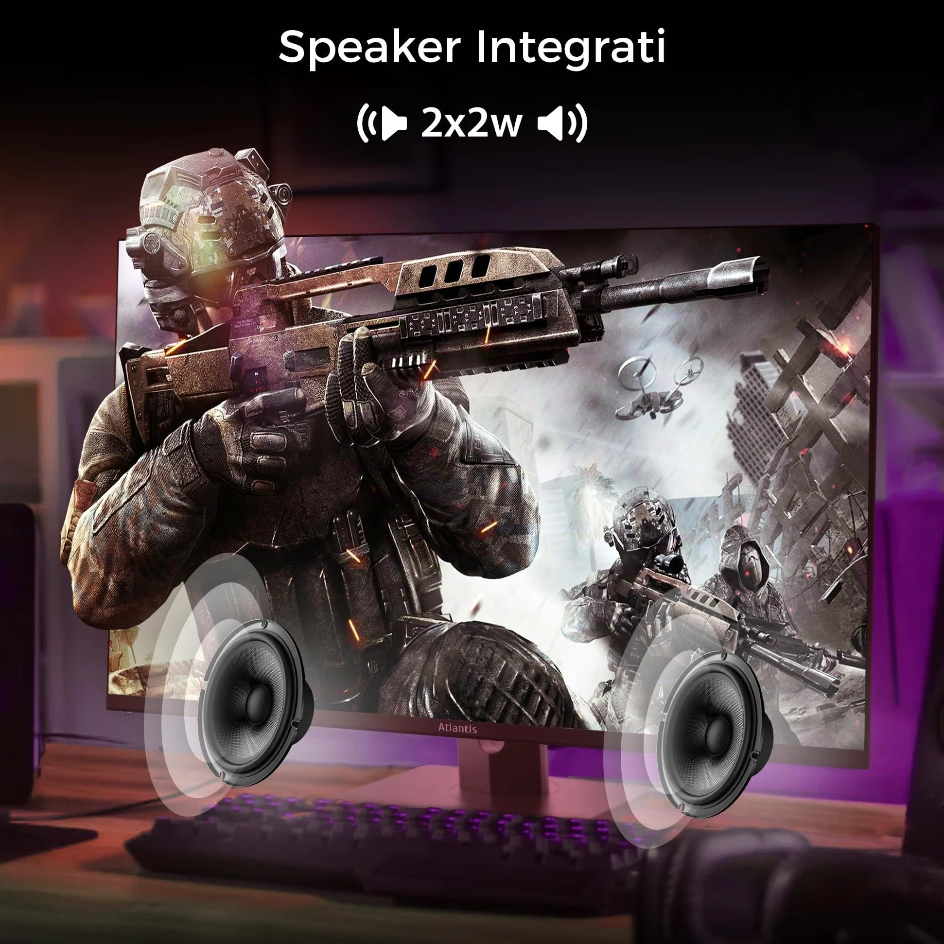 Atlantis Monitor 27 pollici Gaming 100Hz, schermo 27", Full HD 1920x1080, VGA HDMI e DP, MULTIMEDIALE,FreeSync,alzabile inclinabile, pivot risposta 5ms,Contrasto 1000:1,Angolo 178/178,Cavo HDMI e DP