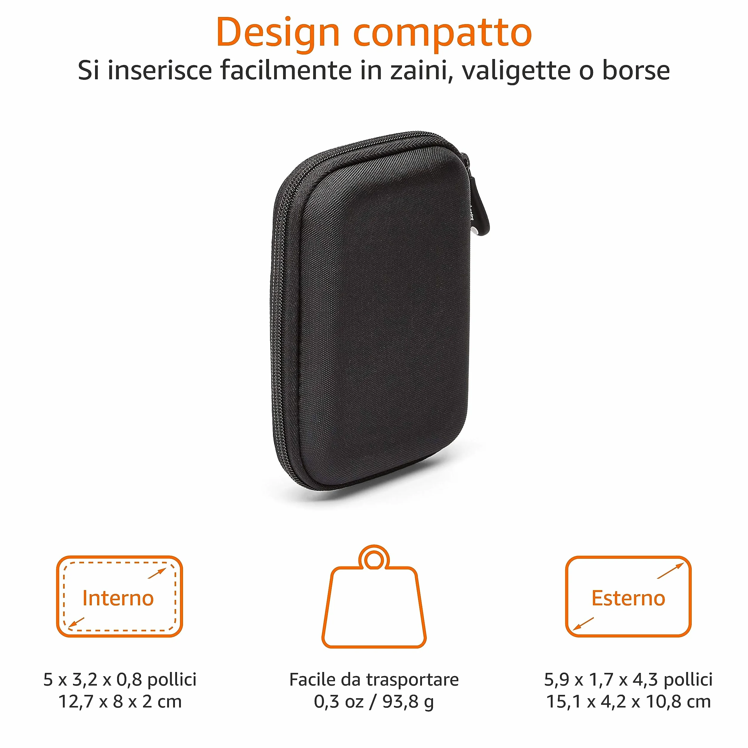 Amazon Basics Custodia per Hard Drive esterno, 14.73 x 3.05 x 10.67 cm, Nero