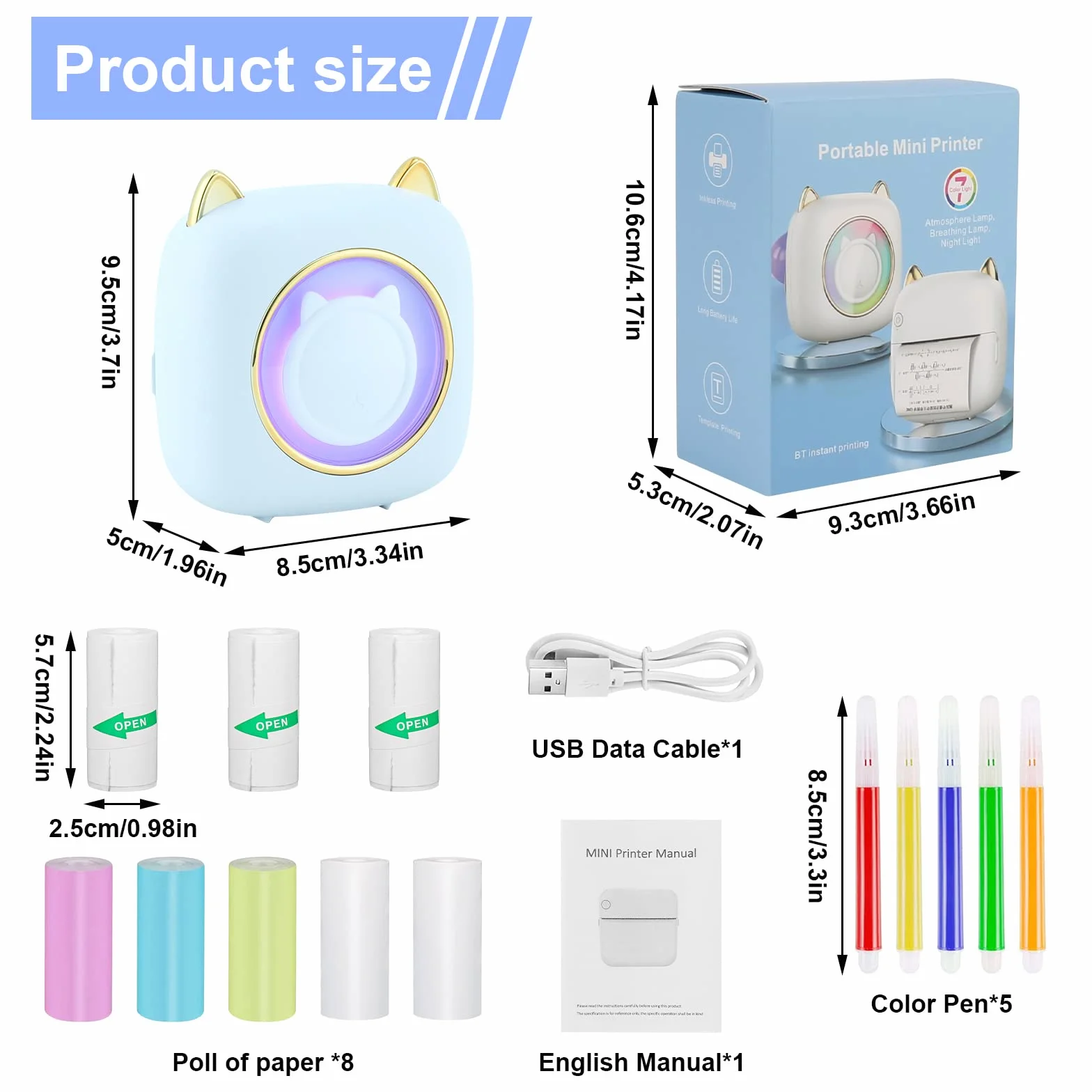 GuKKK Mini Stampante Fotografica, Mini Stampante Termica con LED colorati, Stampante Fotografica Istantanea Portatile, Mini Stampante Termica Bluetooth Ricarica USB, per Note, Diario, Elenco