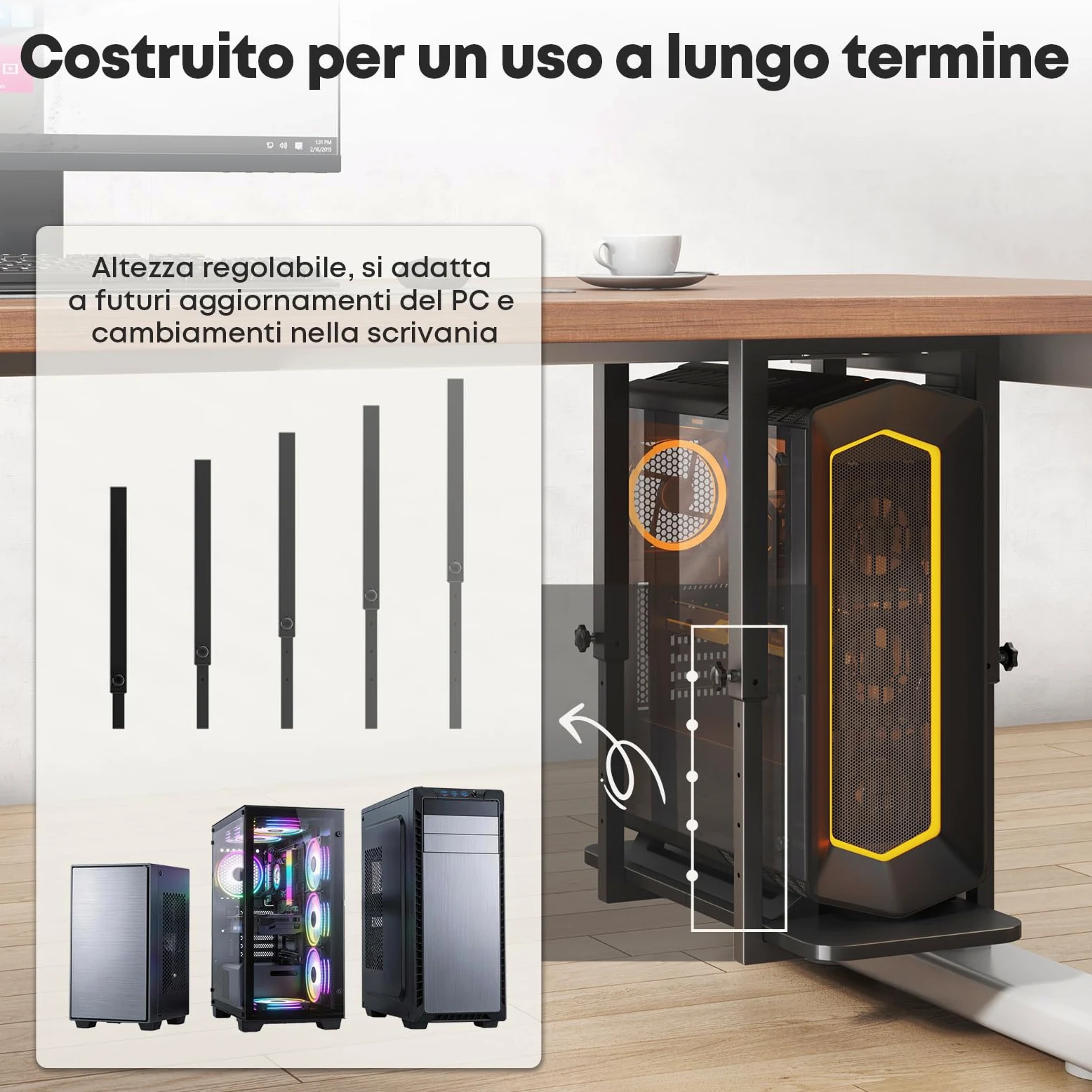 Supporto PC sotto scrivania, resistente e regolabile in altezza – Supporto per case PC, salvaspazio, capacità max 30 kg, Nero