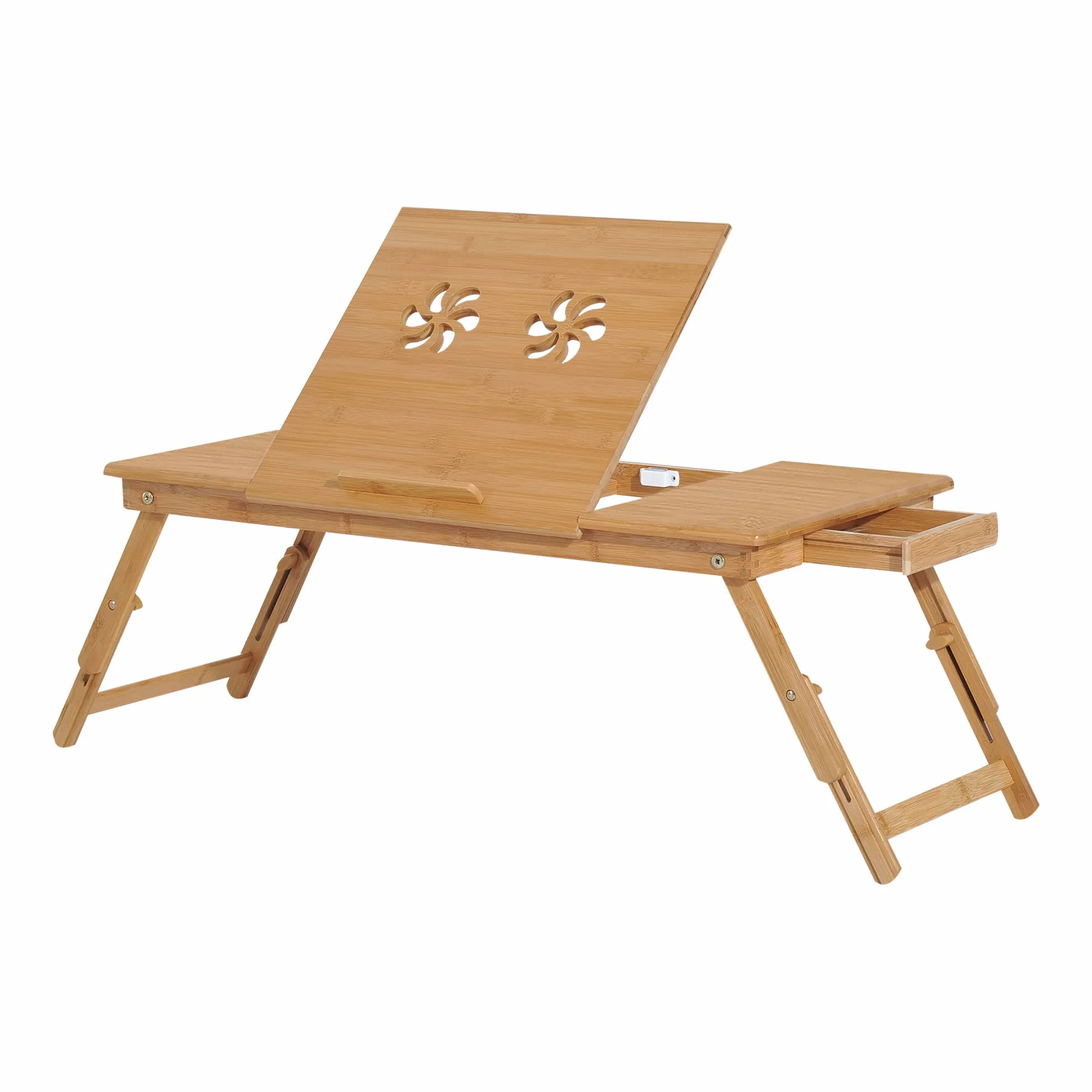 HOMCOM Tavolino da Colazione a Letto, Tavolino da Letto per PC Pieghevole, Supporto per PC da Camera, Regolabile, Inclinabile, Cassetto, Gambe Pieghevoli, 72x35x22-30, Colore Legno