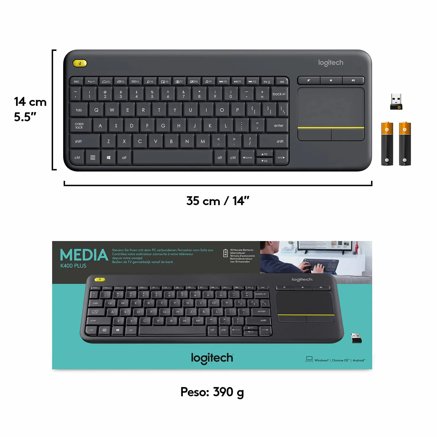 Logitech K400 Plus Tastiera Wireless Touch TV, Facili Controlli Multimediali e Touchpad Integrato, Tastiera HTPC per TV Collegata al PC, Windows, Android, Chrome OS, Laptop, Italiano QWERTY - Nero