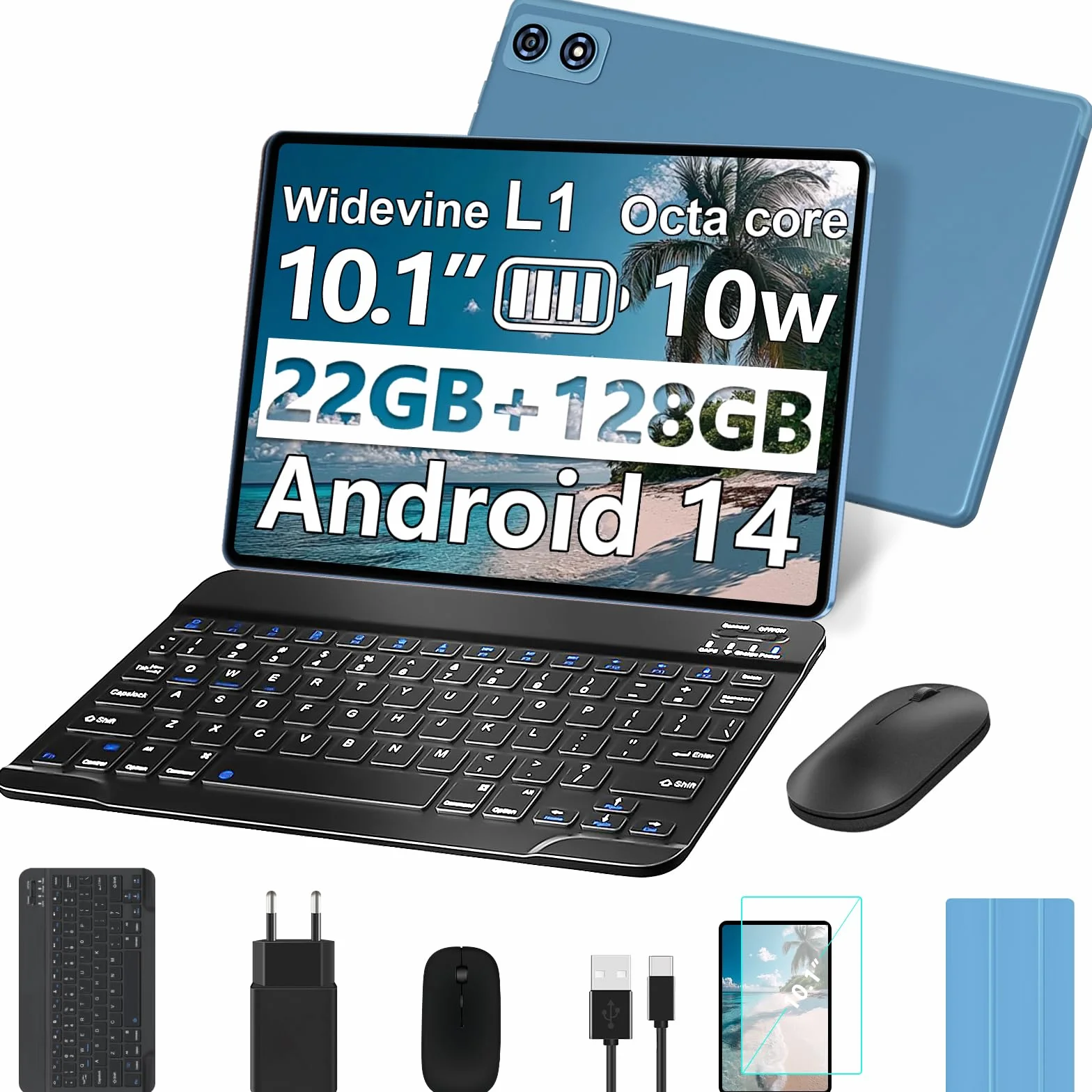 fezawio Android 14 Tablet 10 pollici 22 GB RAM + 128 GB ROM Octa-Core Tablet 5G WiFi, con tastiera mouse, 8000 mAh, (1TB TF) con collina-blu