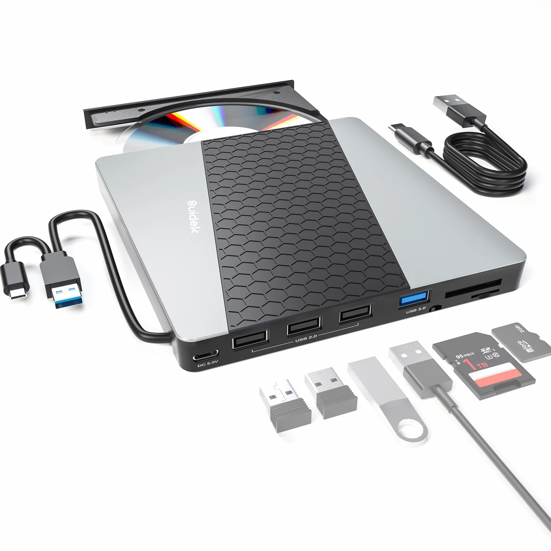 SUIDEK Unità CD/DVD esterna, USB 3.0 USB C portatile CD DVD +/-RW masterizzatore DVD con lettore di schede SD/Micro SD 7 in 1 Hub compatibile con computer portatile, Mac, PC, Windows Linux