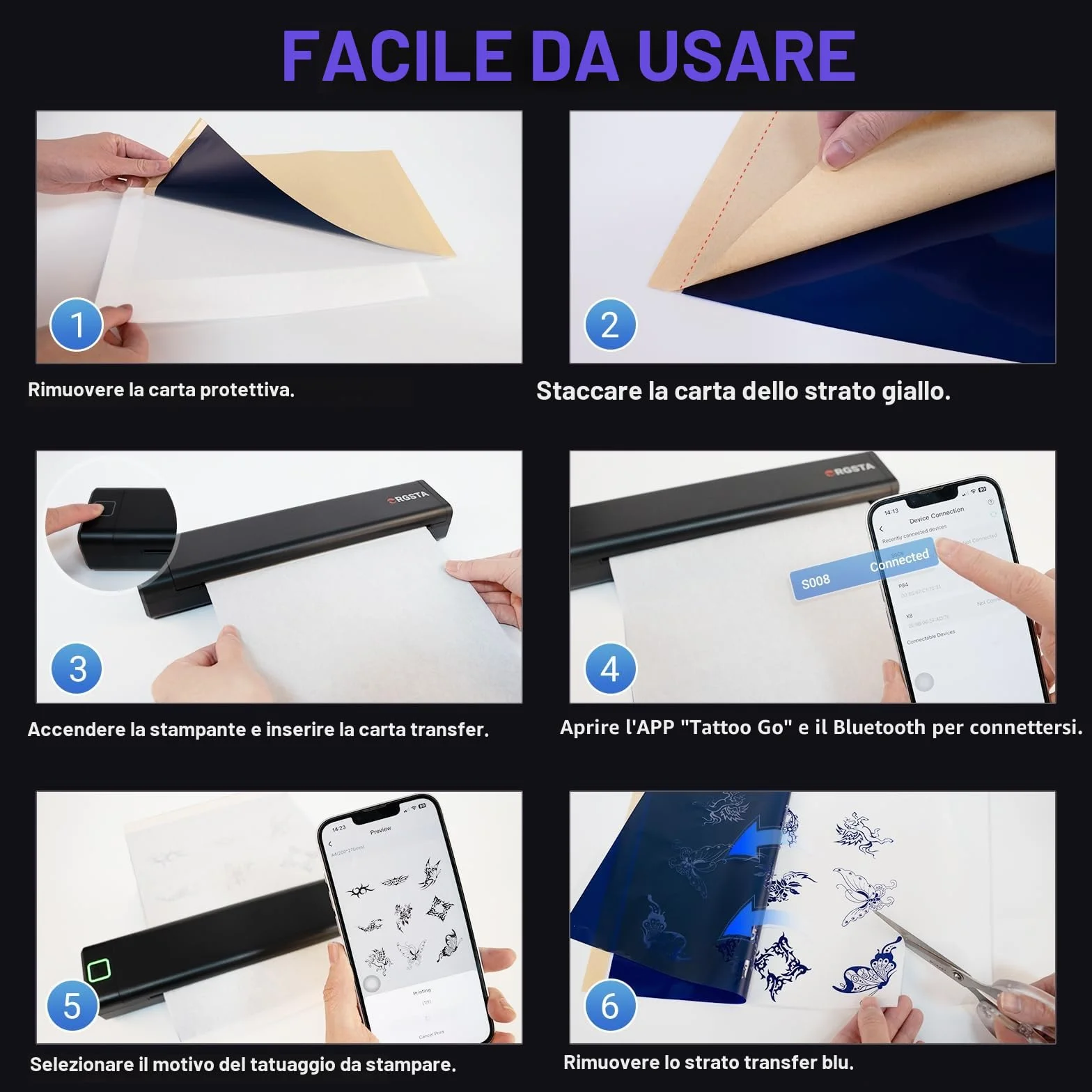 ORGSTA S008 Stampante per Tatuaggi Termica Bluetooth, Trasferimento Stencil Portatile