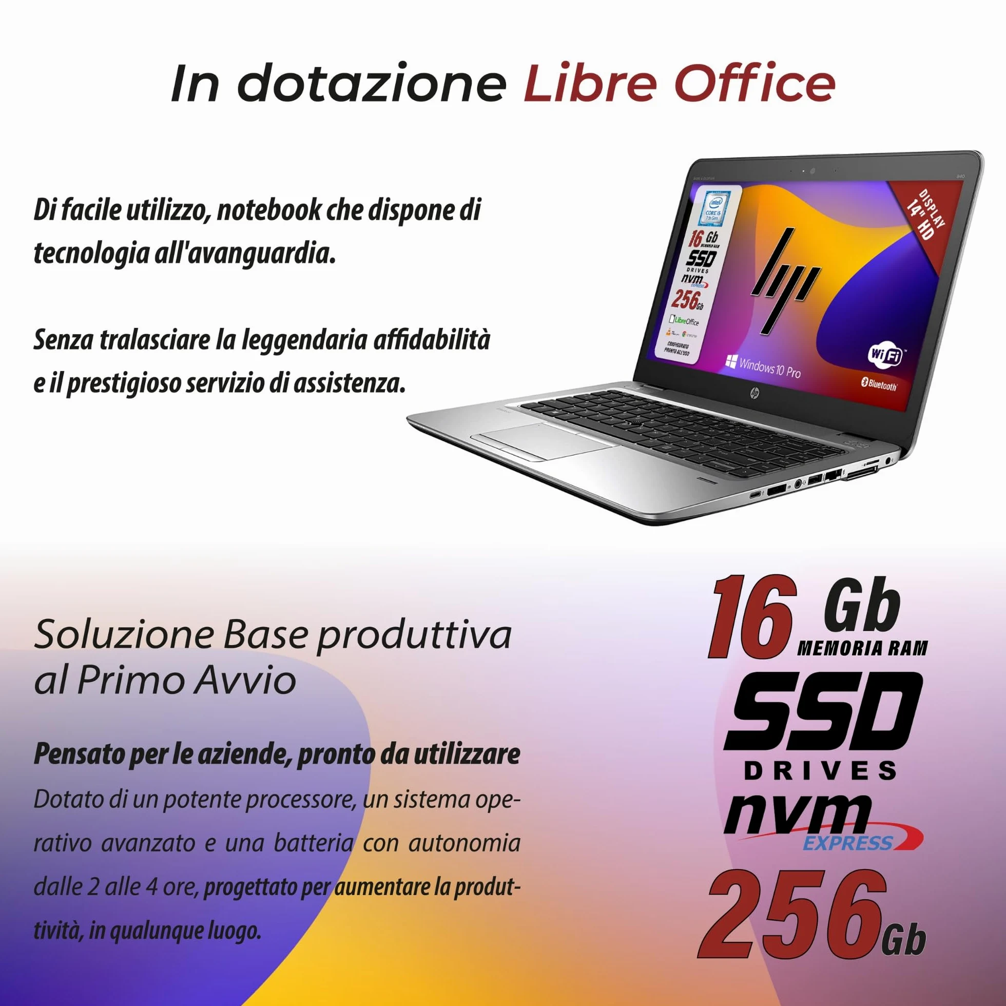 HP Elitebook 840 G4, Pc Portatile Notebook intel core i5-7200U, Display 14", Ram 16Gb, SSD 256Gb, Pacchetto Libre Office, W10 Pro (Ricondizionato)